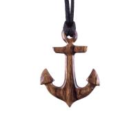 A wooden anchor pendant necklace with black satin cord.