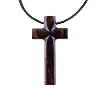 A dark brown wooden cross pendant on a black cord. The pendant has a glossy smooth finish emphasizing the wood grain.