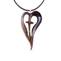 Women Cross Necklace, Wooden Heart Pendant, Hand Carved Wood Cross Necklace, 5th Anniversary Gift for Her, Christian Jewelry