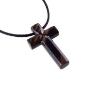 Hand Carved Wood Cross Necklace, Wooden Cross Pendant, Christian Jewelry for Men in Black with Brown Streaks