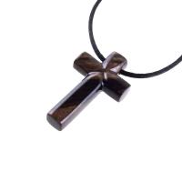 Hand Carved Wood Cross Necklace, Wooden Cross Pendant, Christian Jewelry for Men in Black with Brown Streaks