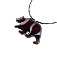 Wood Bear Necklace, Hand Carved Wooden Grizzly Bear Pendant for Men or Women, Spirit Animal Totem Jewelry Gift for Him Her