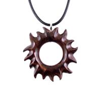 Hand Carved Sun Wooden Necklace, Celestial Sunburst Pendant, Solar Eclipse Wood Jewelry