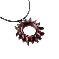 Hand Carved Sun Wooden Necklace, Celestial Sunburst Pendant, Solar Eclipse Wood Jewelry