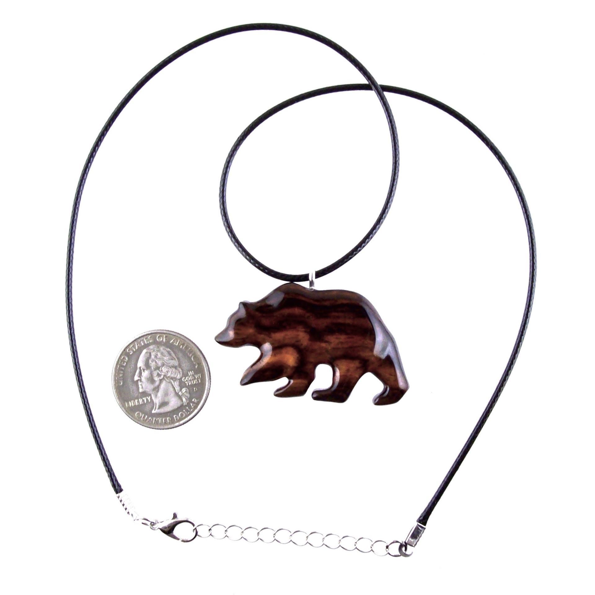 Wood Bear Necklace, Hand Carved Wooden Grizzly Bear Pendant for Men or Women, Spirit Animal Totem Jewelry Gift for Him Her