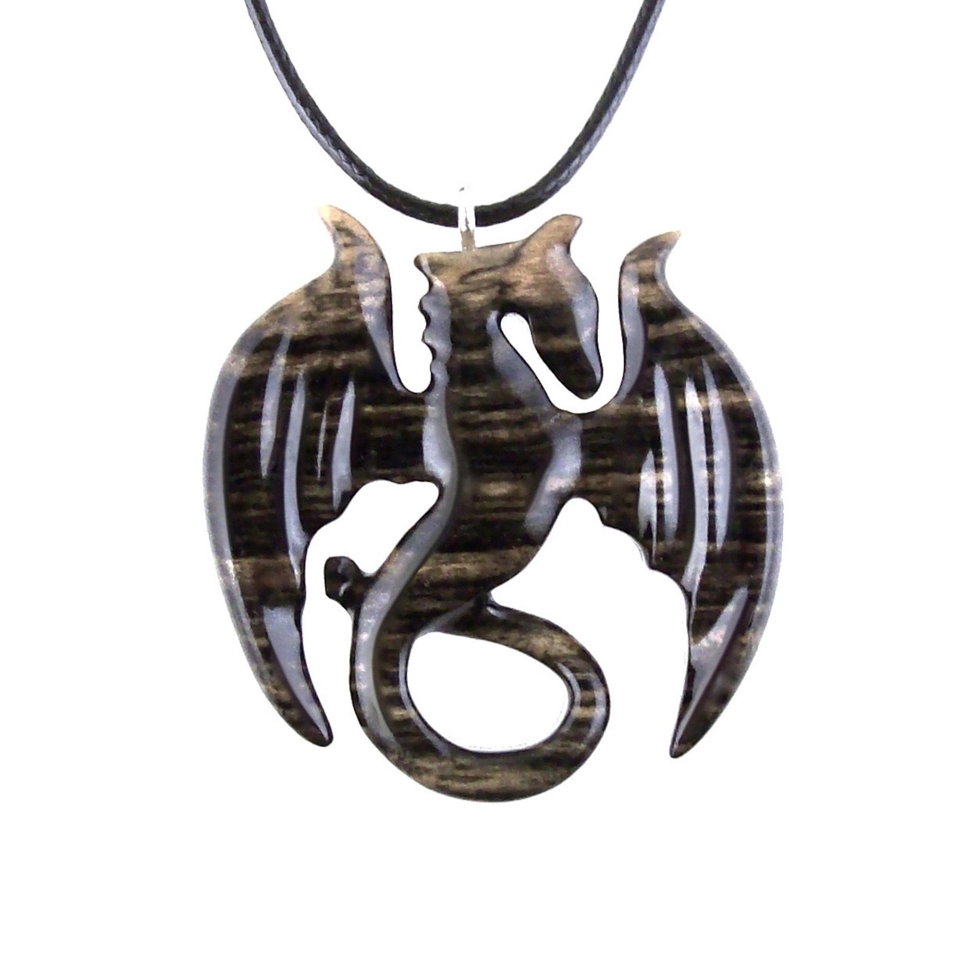 Dragon Necklace for Men Women, Hand Carved Wooden Dragon Pendant, Fantasy Wood Jewelry Gift for Her Him