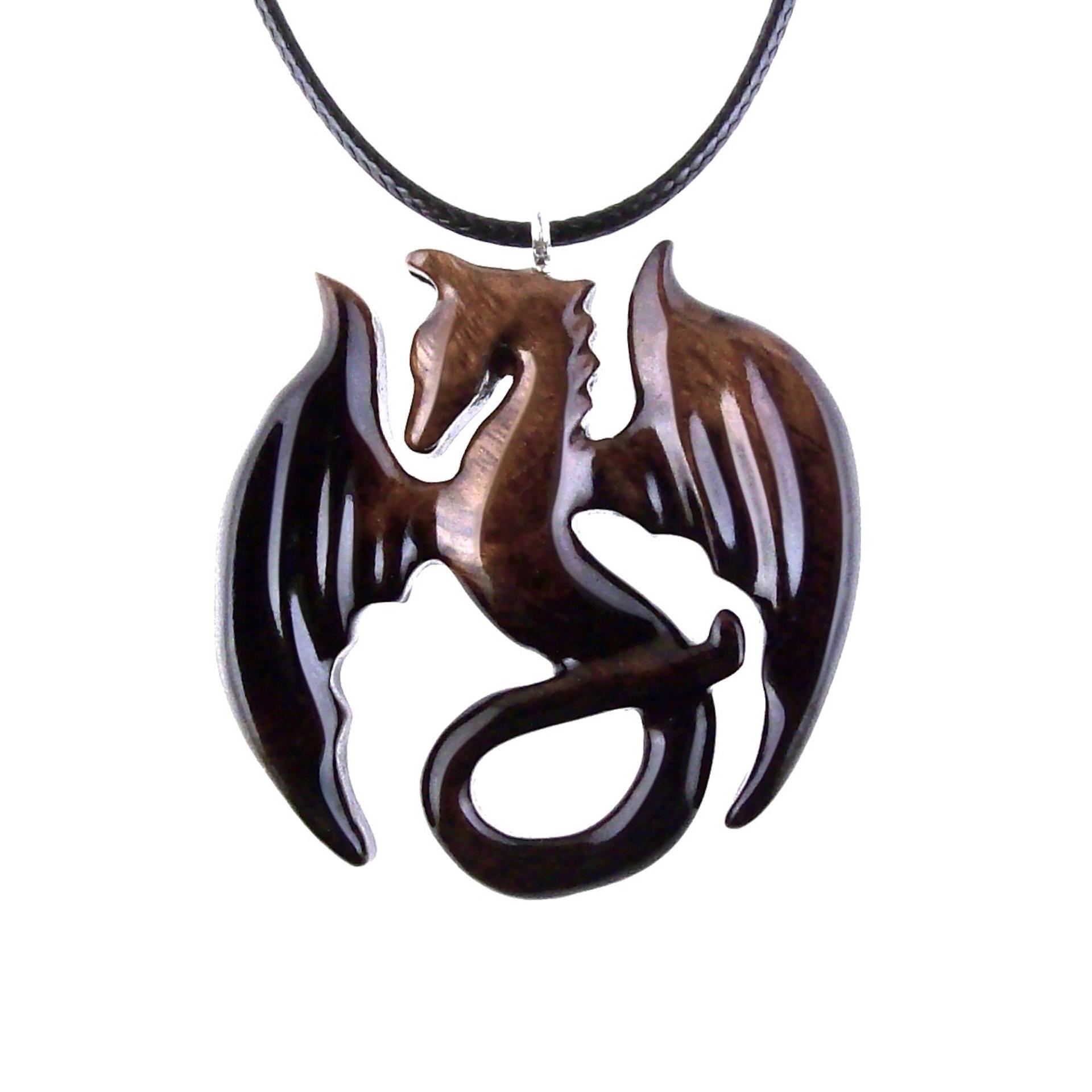 Wooden Dragon Pendant, Hand Carved Dragon Necklace, One of a Kind Fantasy Wood Necklace for Men or Women, Gift for Her Him