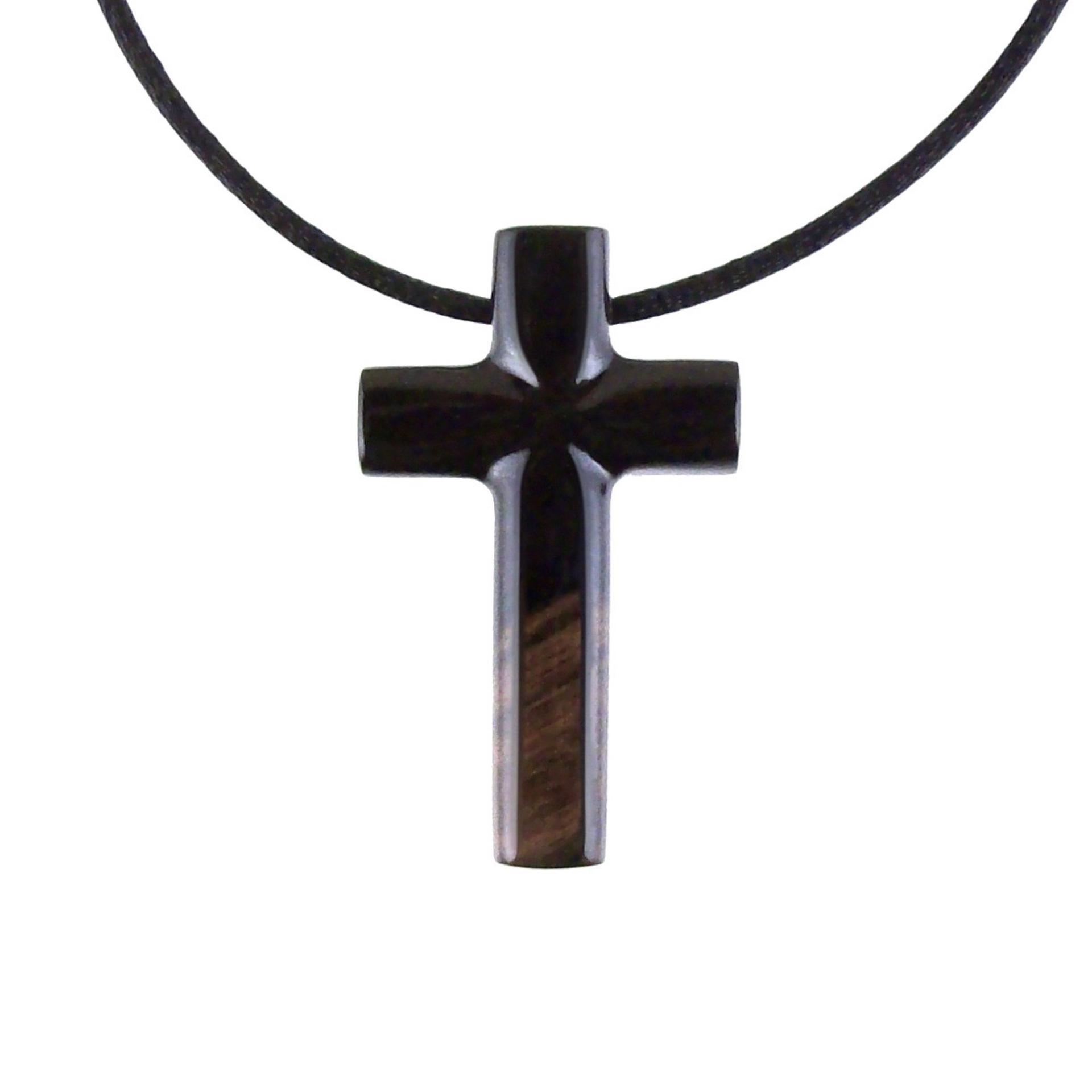 Hand Carved Wood Cross Necklace, Wooden Cross Pendant, Christian Jewelry for Men in Black with Brown Streaks