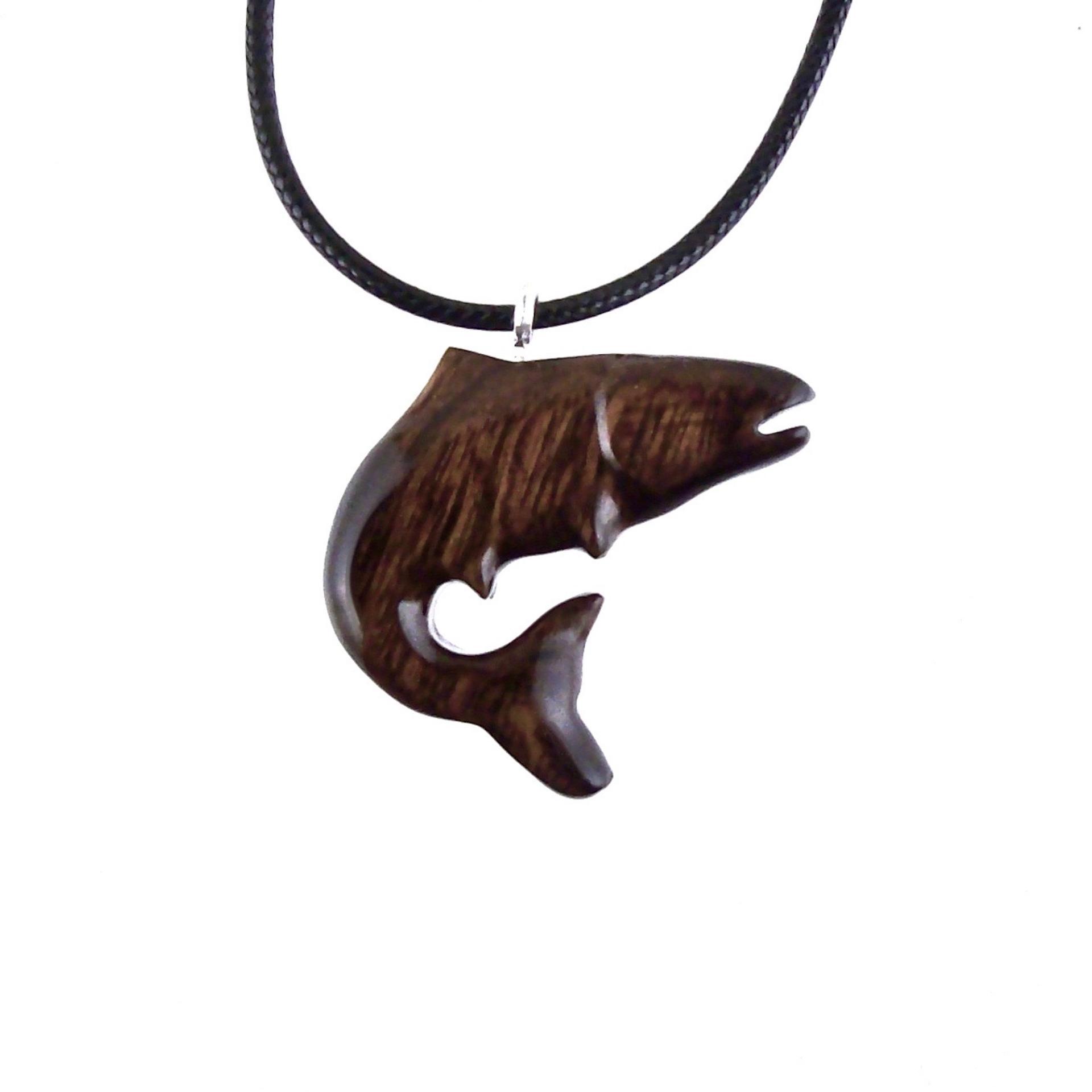 Salmon Necklace, Hand Carved Wooden Fish Pendant, Trout Necklace, Mens Wood Pendant, Fishermen Jewelry, Gift for Him