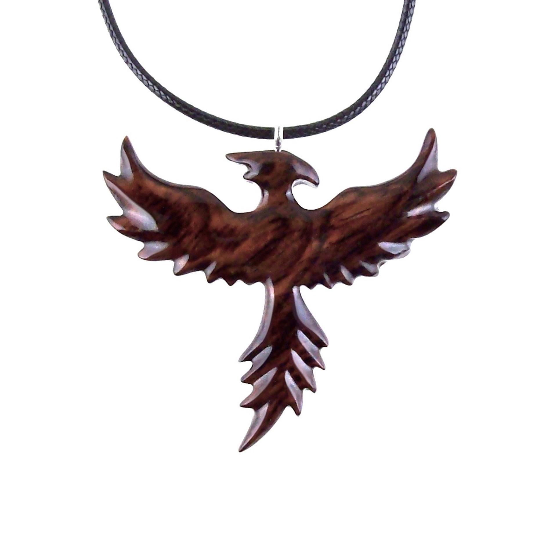 Hand Carved Phoenix Necklace, Wooden Rising Phoenix Pendant for Men or Women, Wood Firebird Necklace, Fantasy Inspirational Jewelry