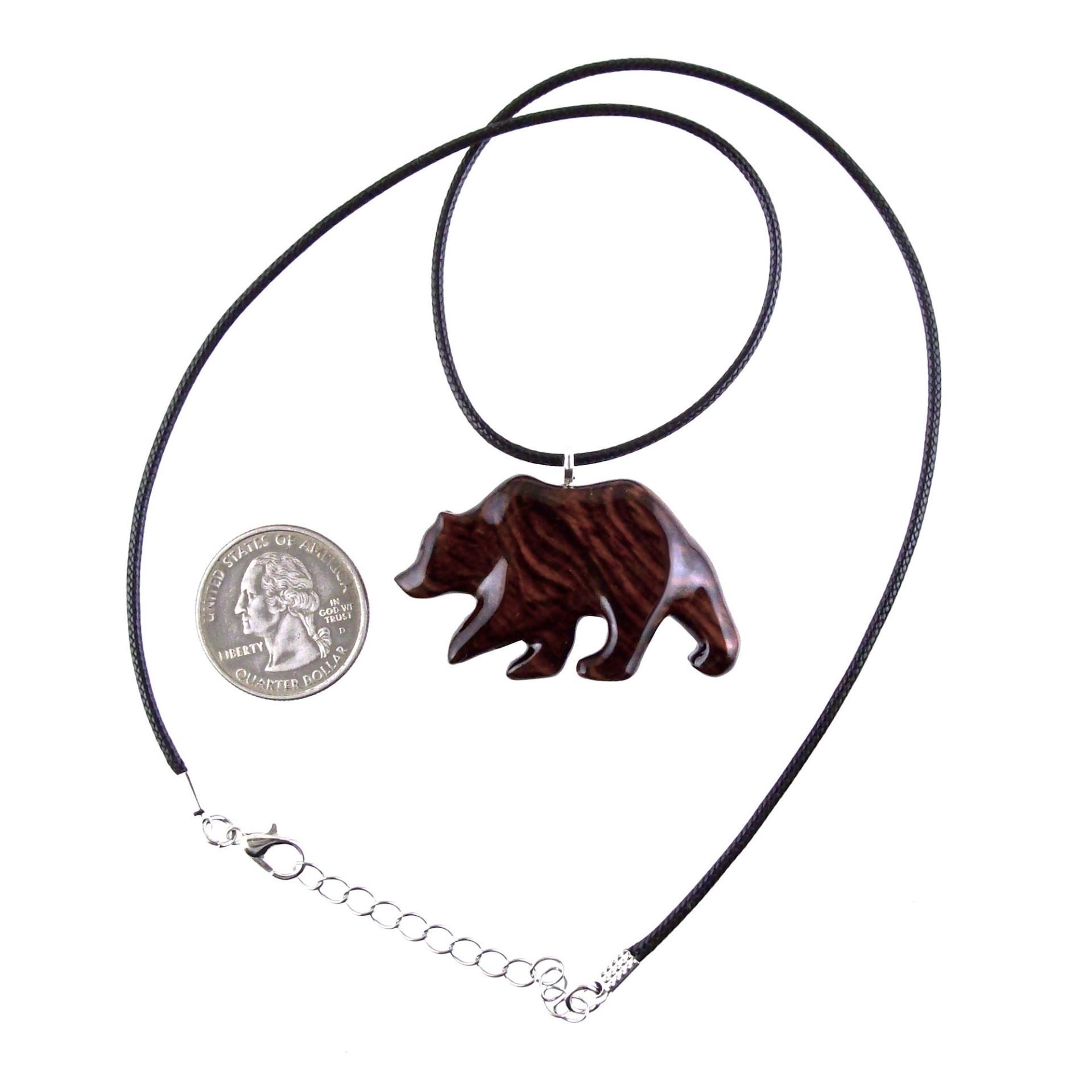 Wood Bear Necklace, Hand Carved Wooden Grizzly Bear Pendant for Men or Women, Spirit Animal Totem Jewelry Gift for Him Her