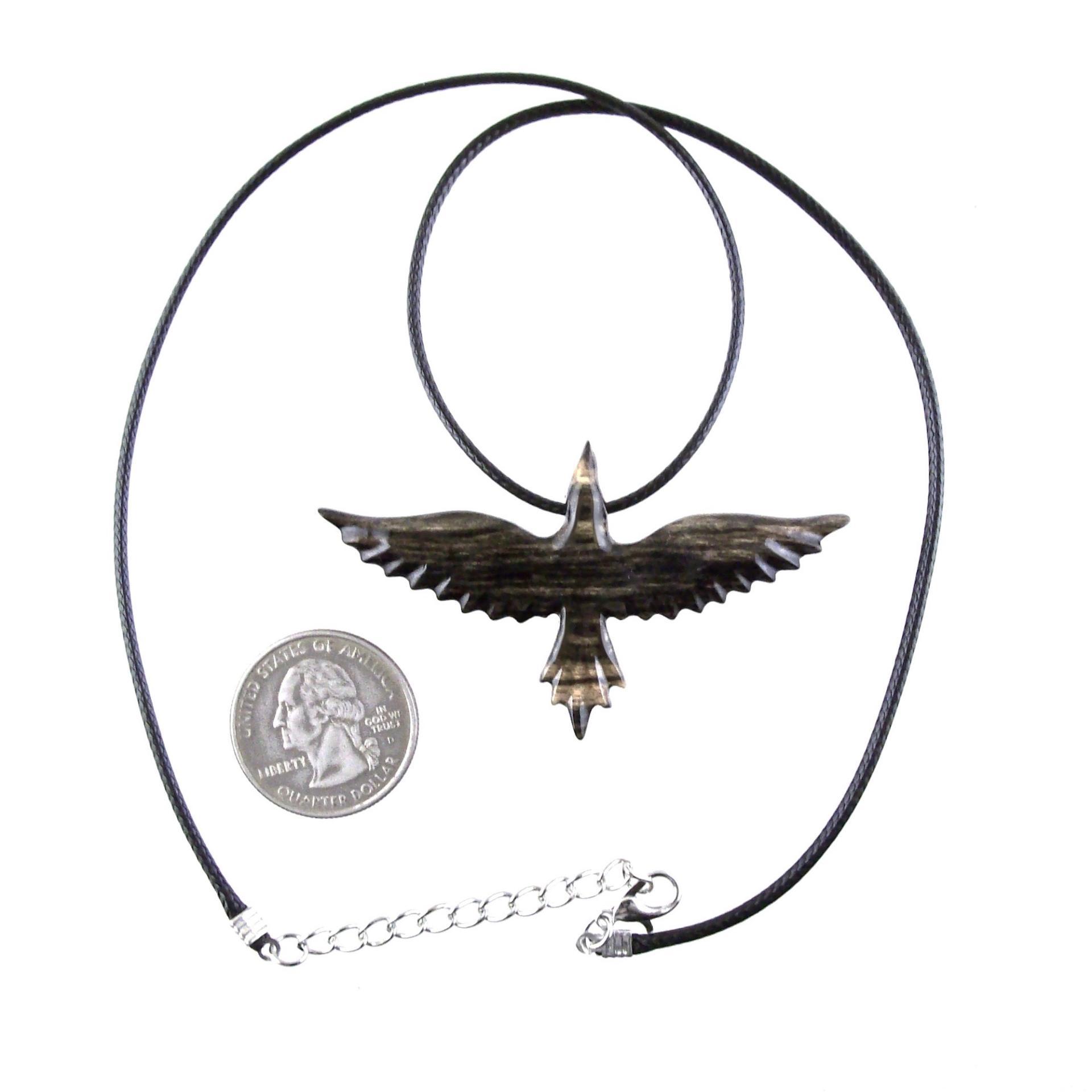 Flying Raven Necklace, Hand Carved Wooden Raven Pendant, Crow Necklace for Men or Women, Wood Bird Pendant, Totem Jewelry