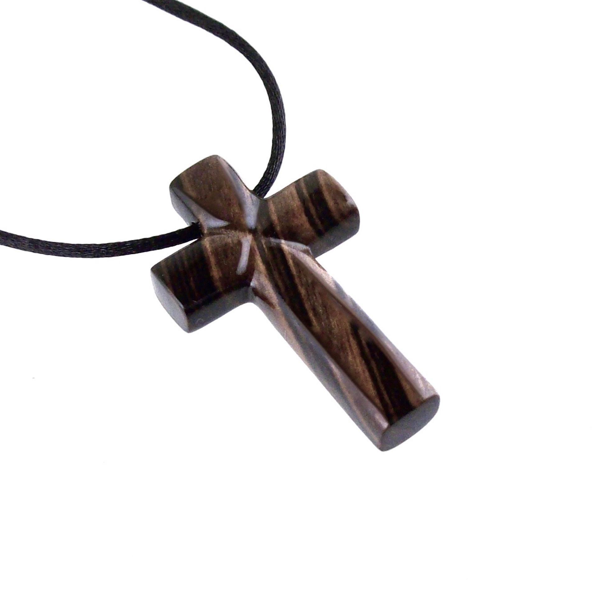 Hand Carved Wood Cross Necklace, Wooden Cross Pendant, Christian Jewelry for Men in Black with Brown Streaks