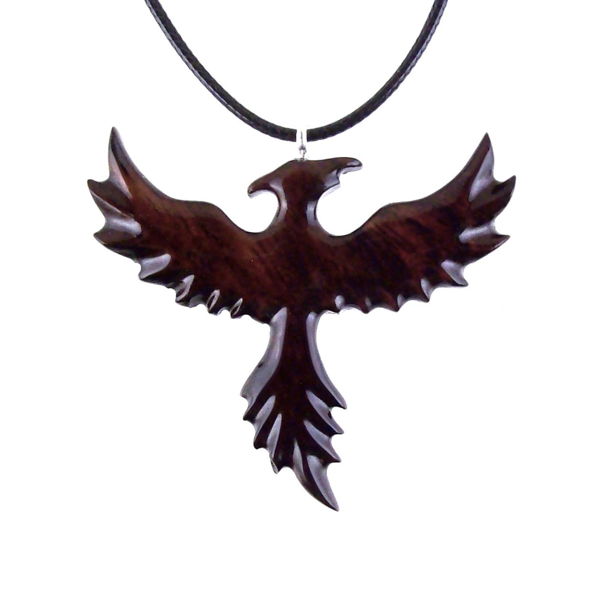Hand Carved Phoenix Necklace, Wooden Rising Phoenix Pendant for Men or Women, Wood Firebird Necklace, Fantasy Inspirational Jewelry