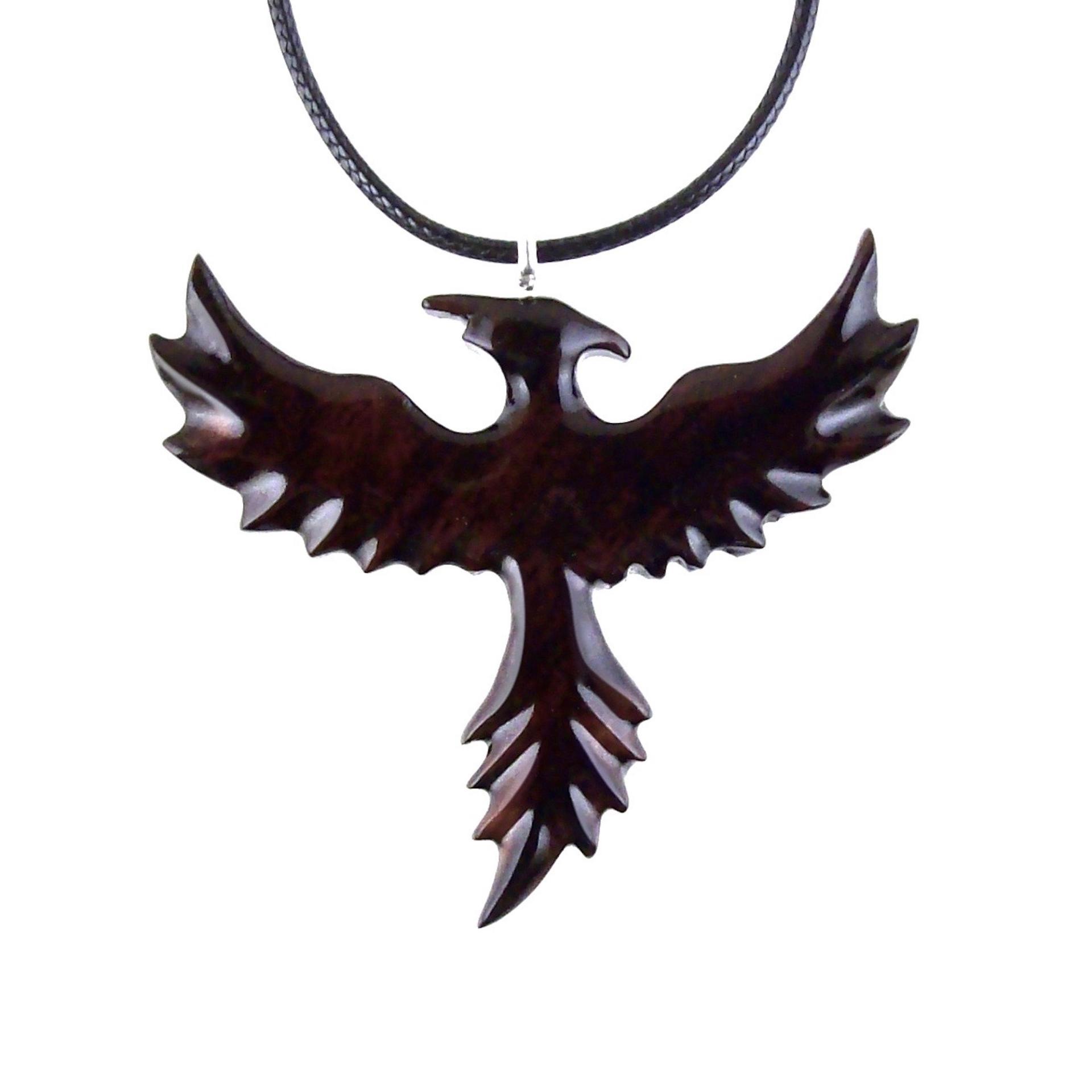 Hand Carved Phoenix Necklace, Wooden Rising Phoenix Pendant for Men or Women, Wood Firebird Necklace, Fantasy Inspirational Jewelry