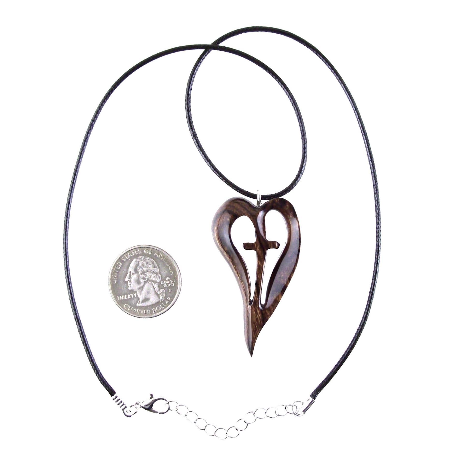 Women Cross Necklace, Wooden Heart Pendant, Hand Carved Wood Cross Necklace, 5th Anniversary Gift for Her, Christian Jewelry