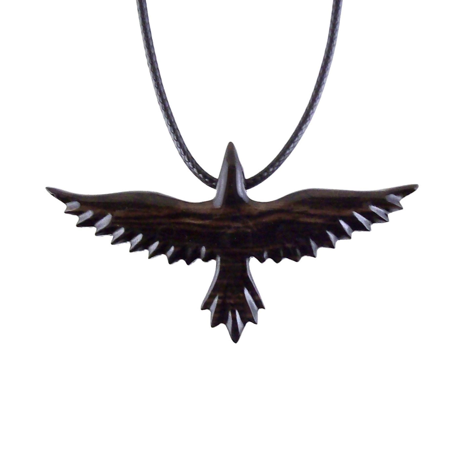Raven Necklace, Hand Carved Wooden Crow Pendant for Men Women, Flying Bird Totem Wood Jewelry Gift in Black with Brown Streaks