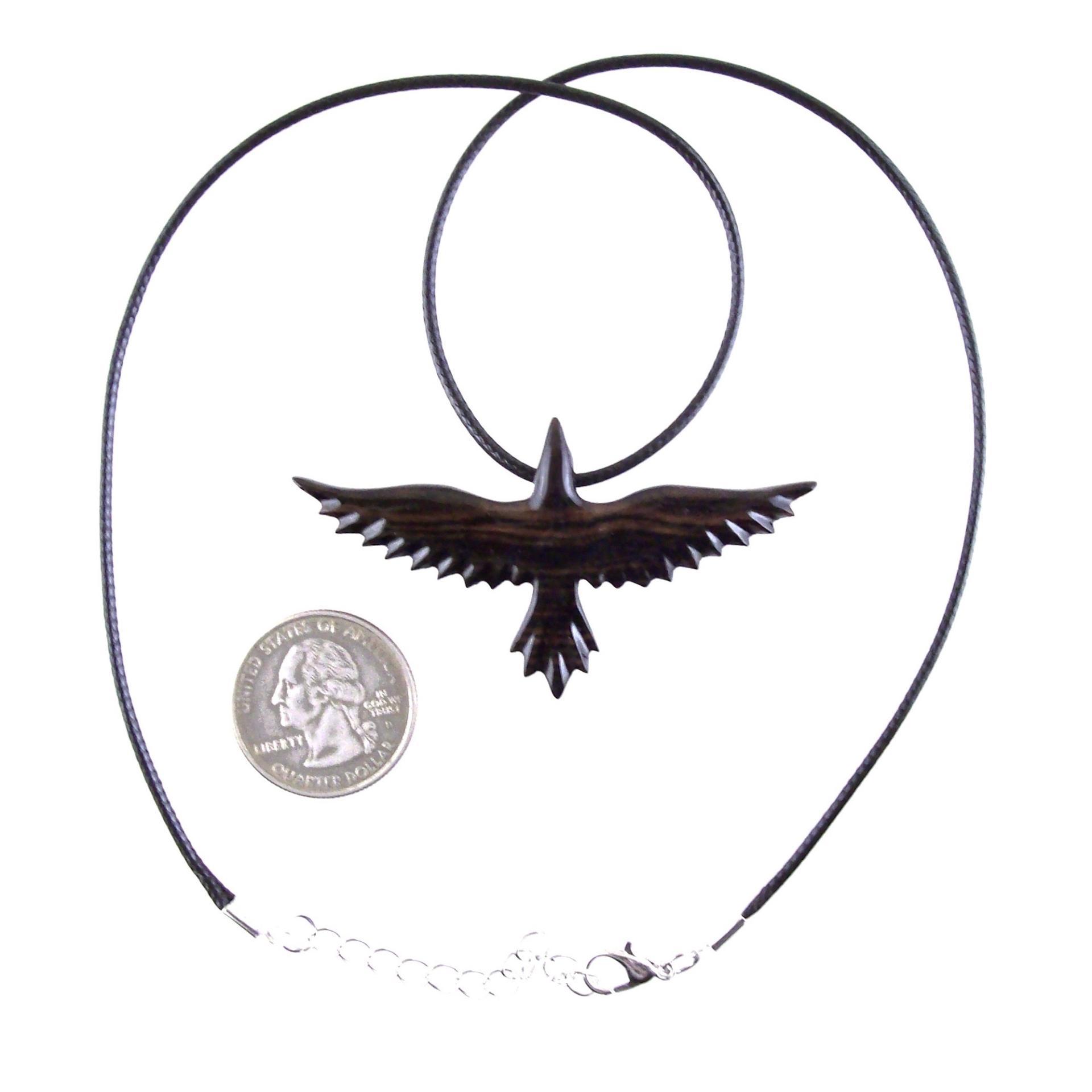Raven Necklace, Hand Carved Wooden Crow Pendant for Men Women, Flying Bird Totem Wood Jewelry Gift in Black with Brown Streaks