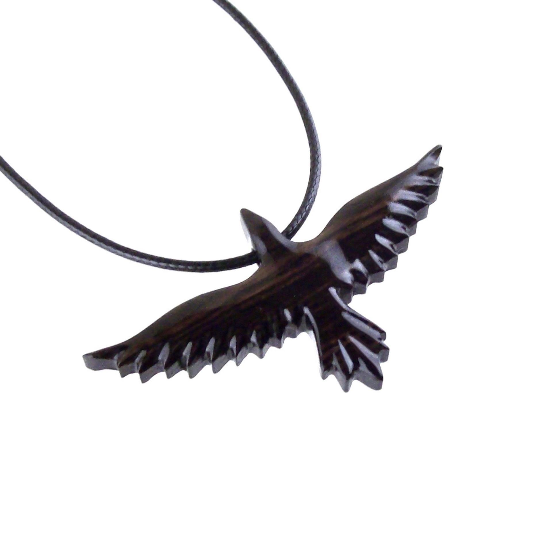 Raven Necklace, Hand Carved Wooden Crow Pendant for Men Women, Flying Bird Totem Wood Jewelry Gift in Black with Brown Streaks