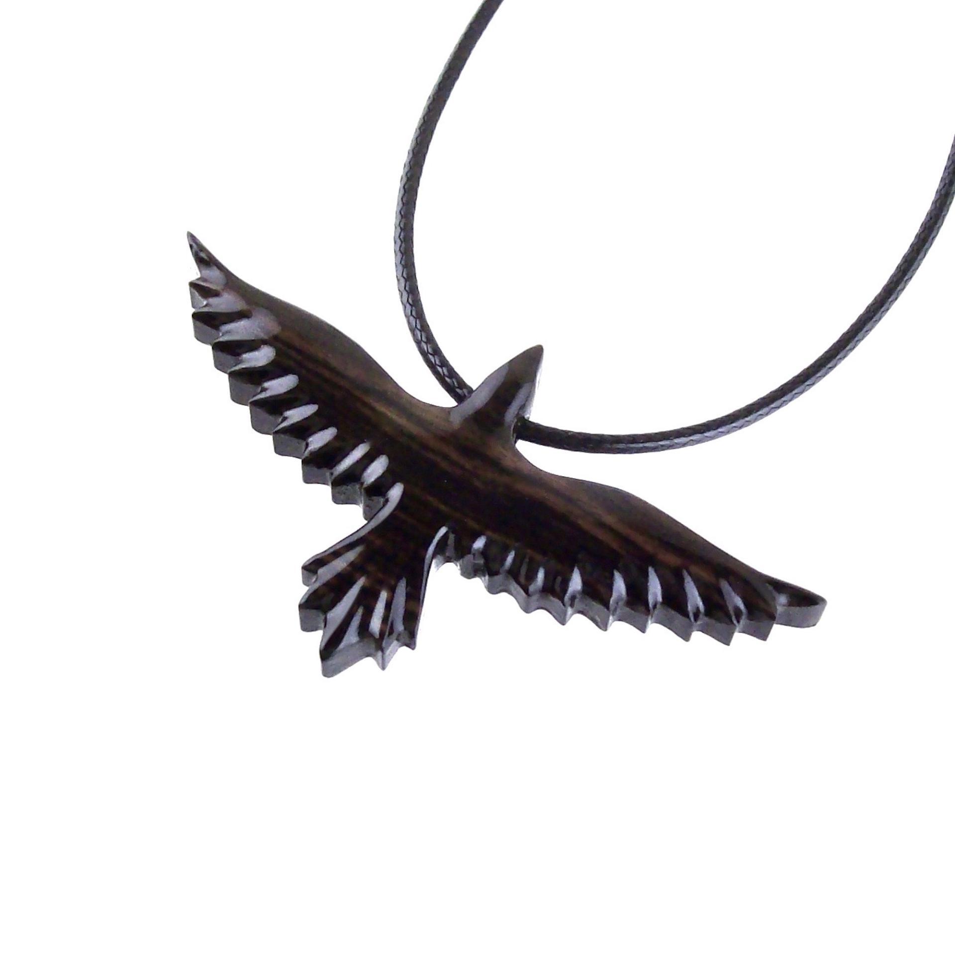 Raven Necklace, Hand Carved Wooden Crow Pendant for Men Women, Flying Bird Totem Wood Jewelry Gift in Black with Brown Streaks