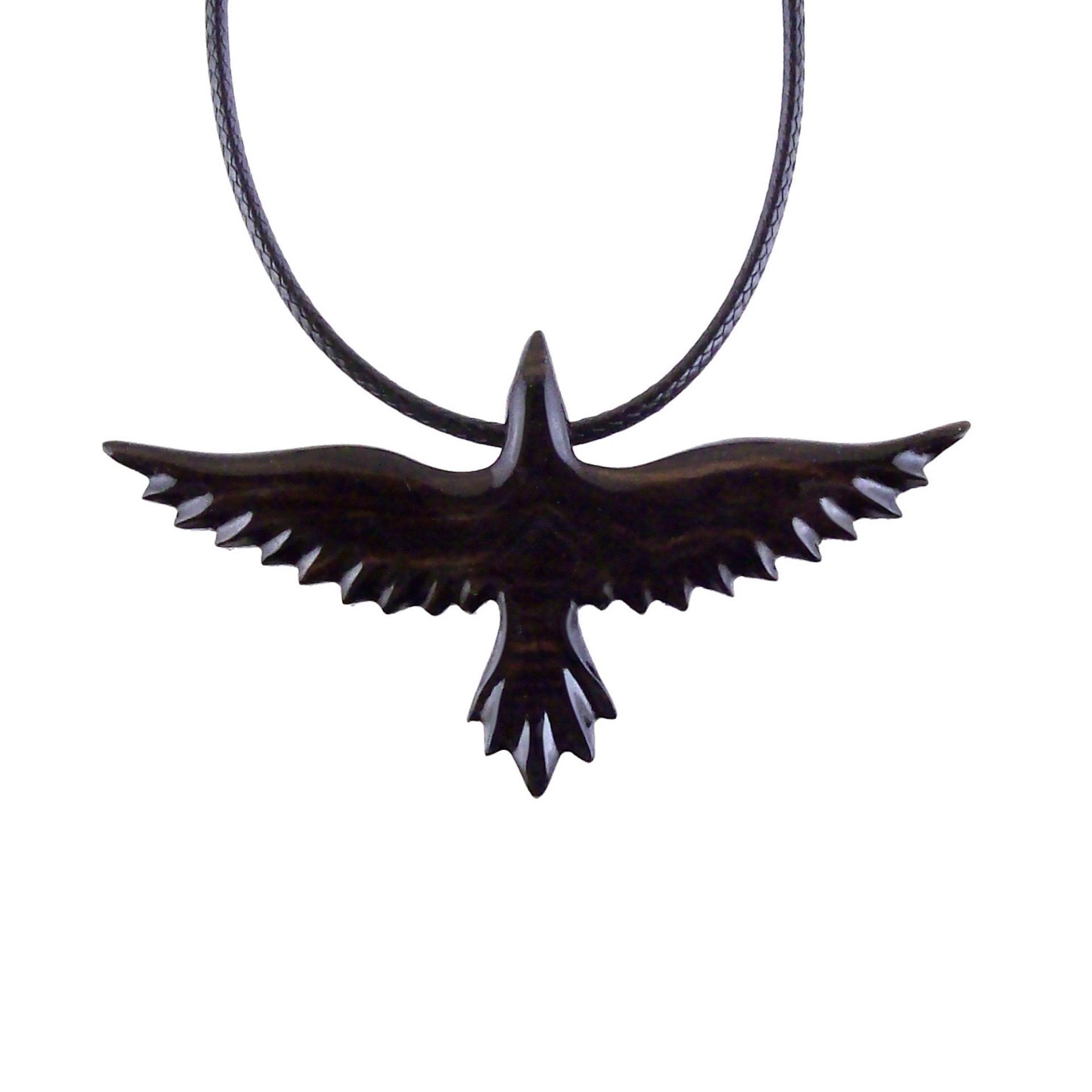 Raven Necklace, Hand Carved Wooden Crow Pendant for Men Women, Flying Bird Totem Wood Jewelry Gift in Black with Brown Streaks