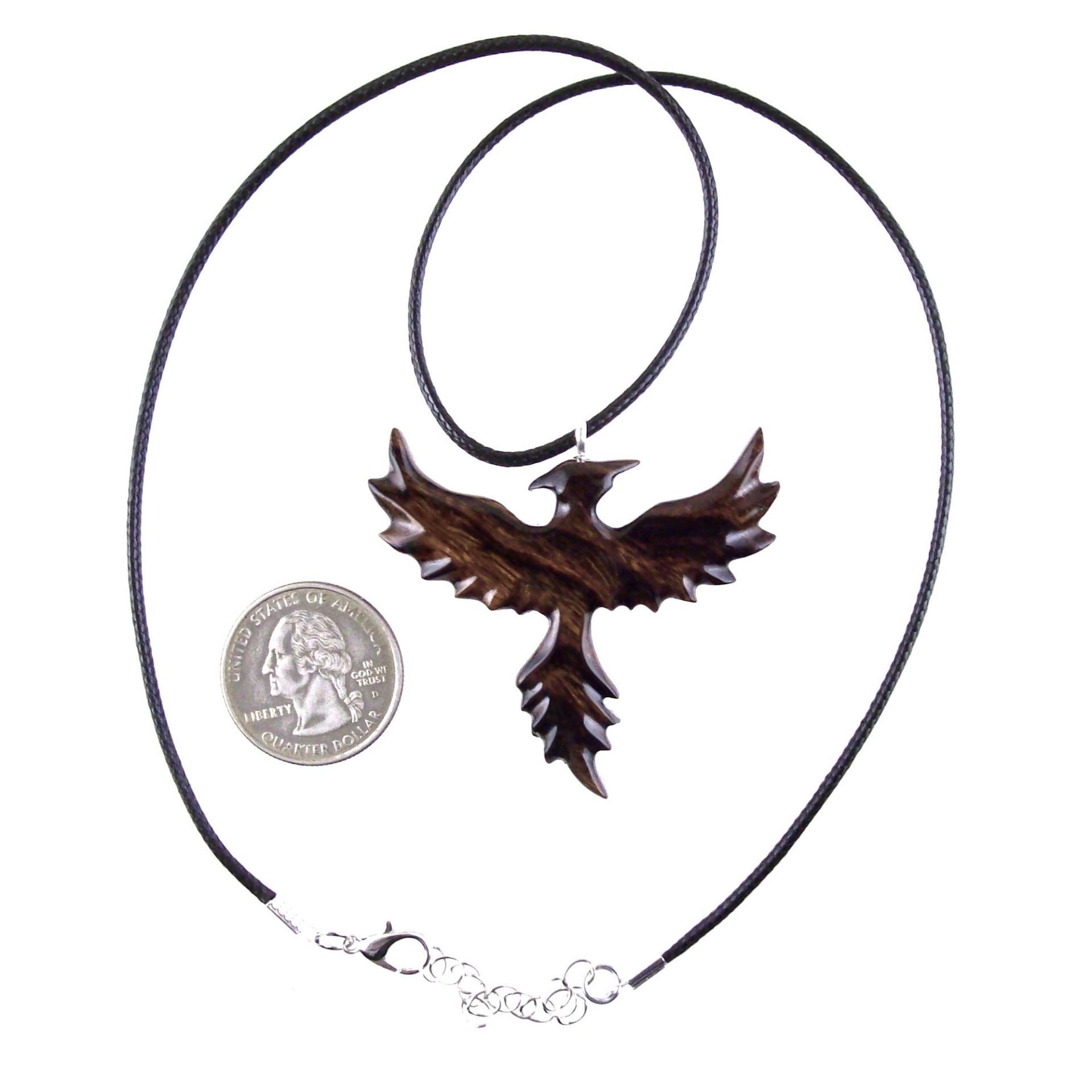 Rising Phoenix Necklace, Hand Carved Wooden Phoenix Pendant, Fantasy Wood Jewelry, Firebird Inspirational Gift
