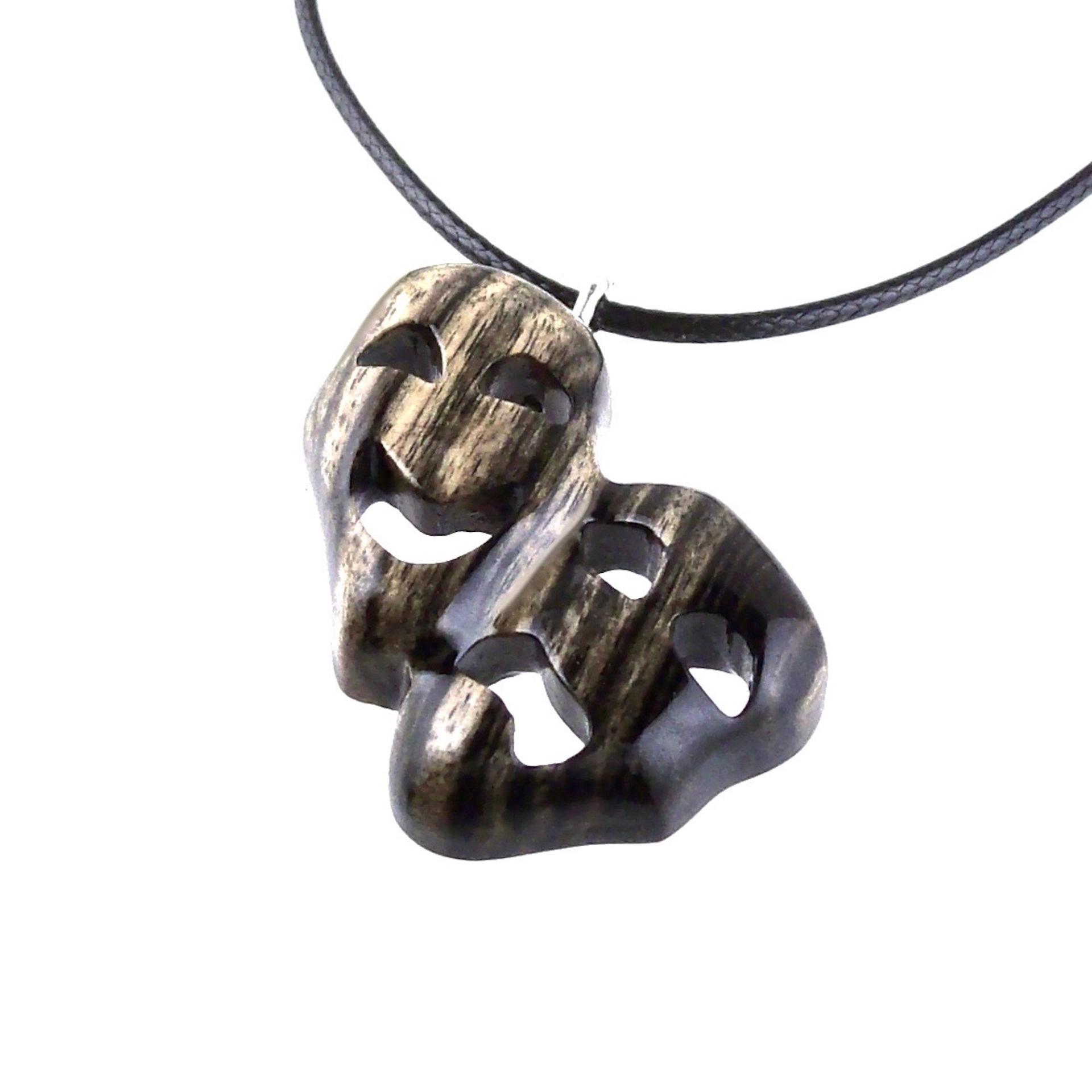 Hand Carved Comedy Tragedy Mask Pendant Necklace, Handmade Wooden Drama Jewelry for Men Women