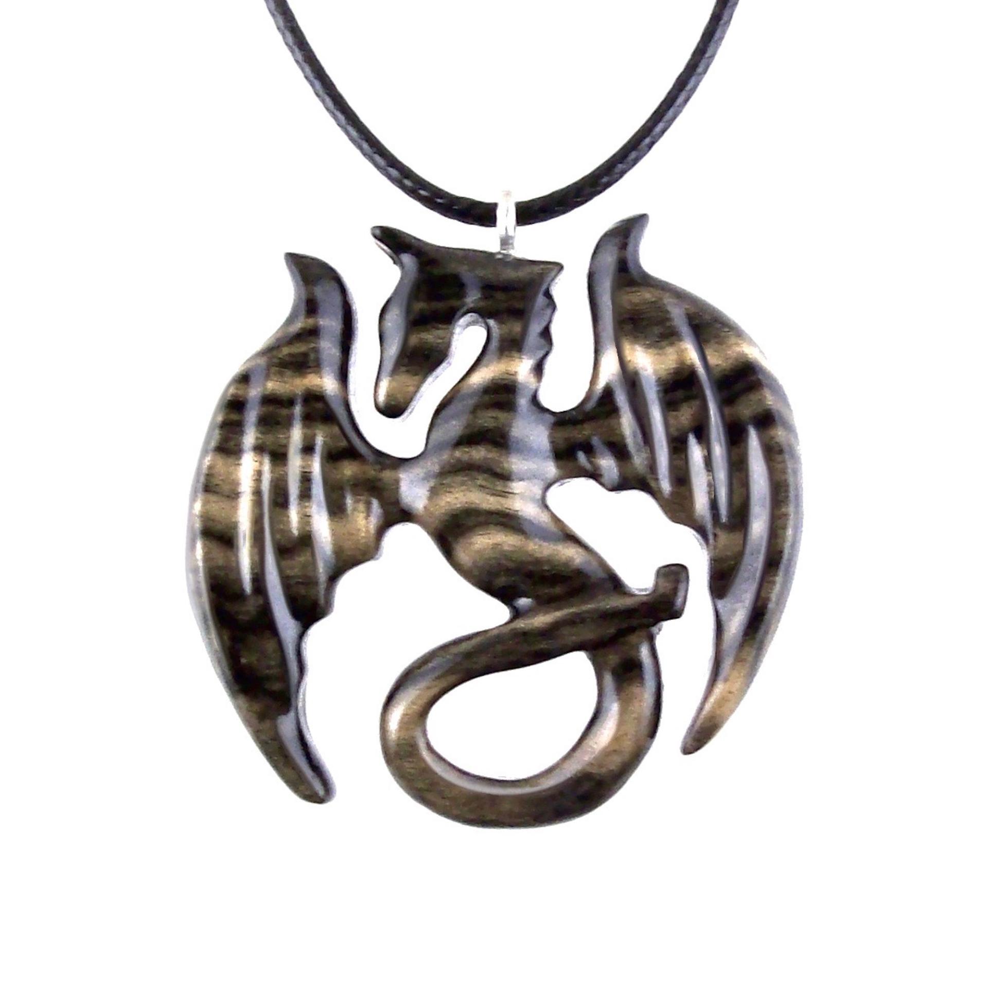 Dragon Necklace for Men Women, Hand Carved Wooden Dragon Pendant, Fantasy Wood Jewelry Gift