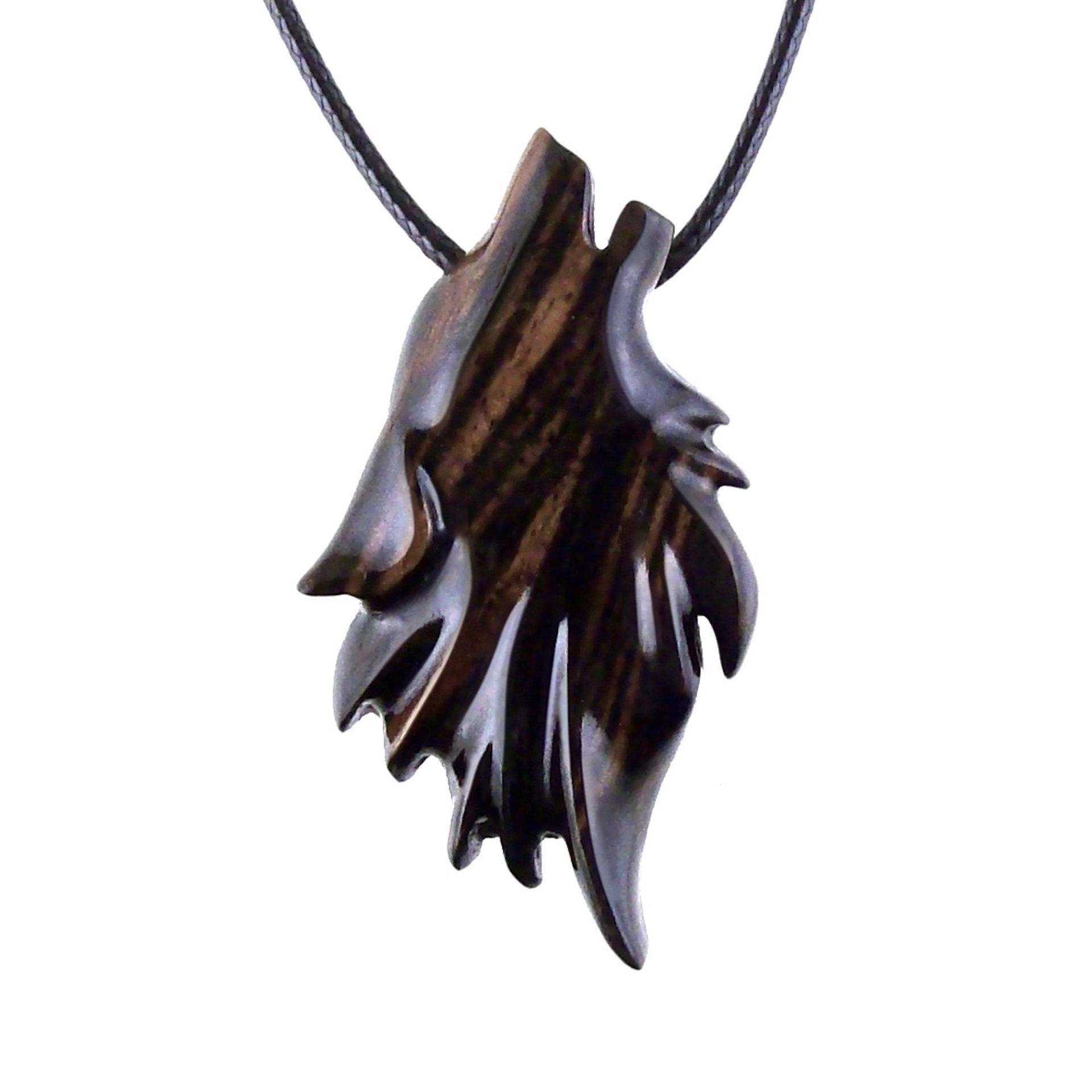 Wolf Wood Necklace, Hand Carved Wooden Wolf Head Pendant in Black with Brown Streaks