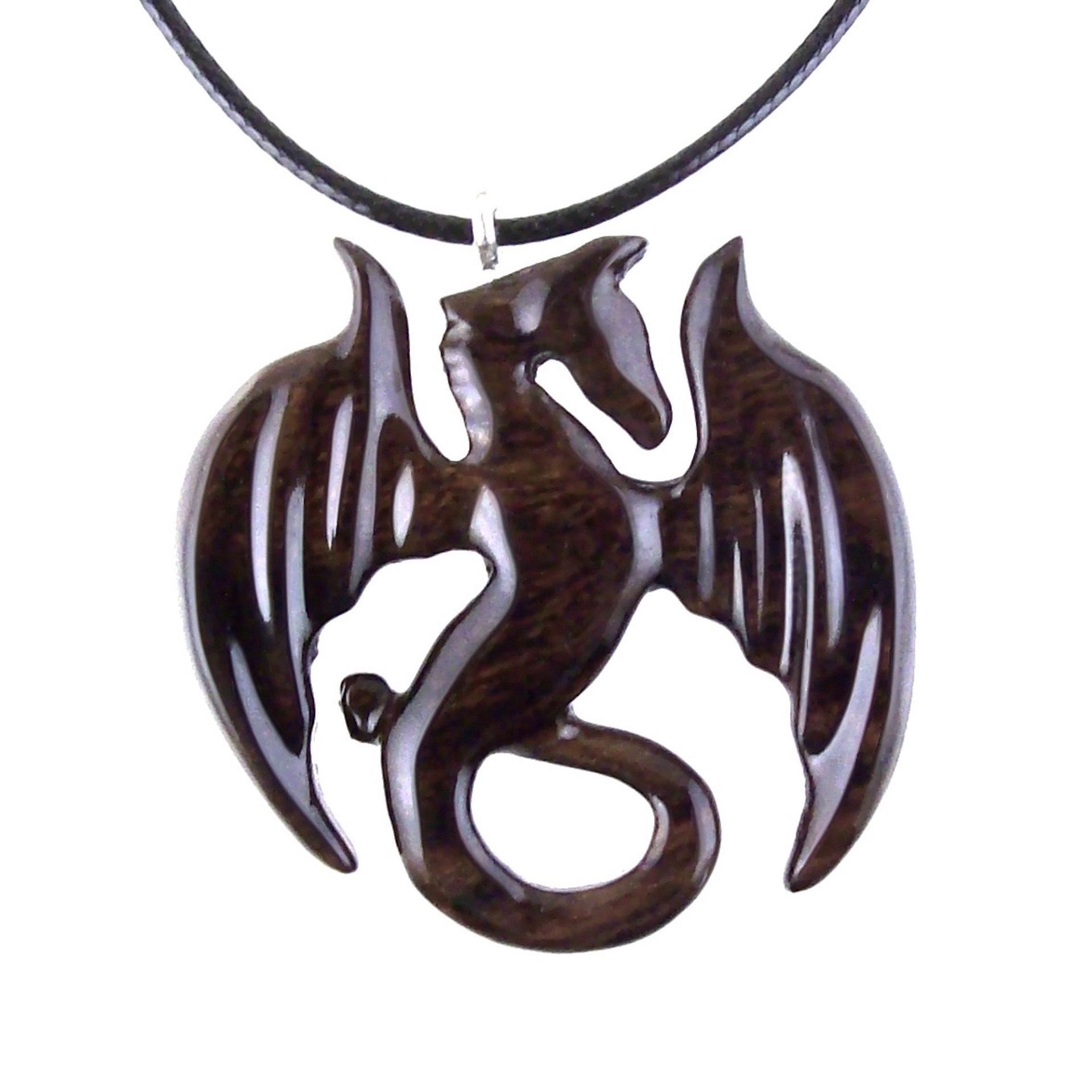 Wooden Dragon Pendant, Hand Carved Dragon Necklace, Fantasy Wood Jewelry for Men Women