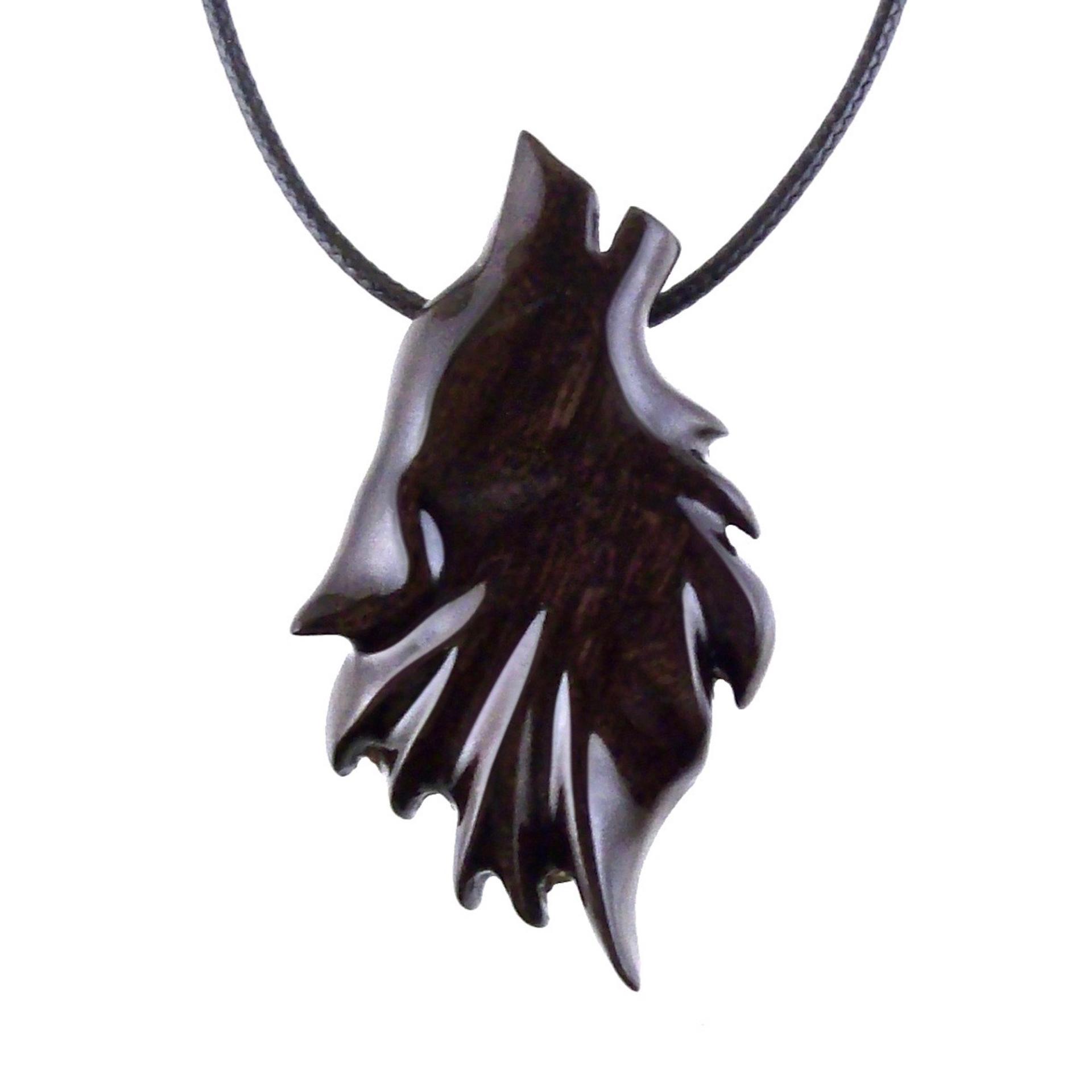 Hand Carved Wooden Wolf Pendant Necklace, Totem Spirit Animal Wood Jewelry in Dark Brown