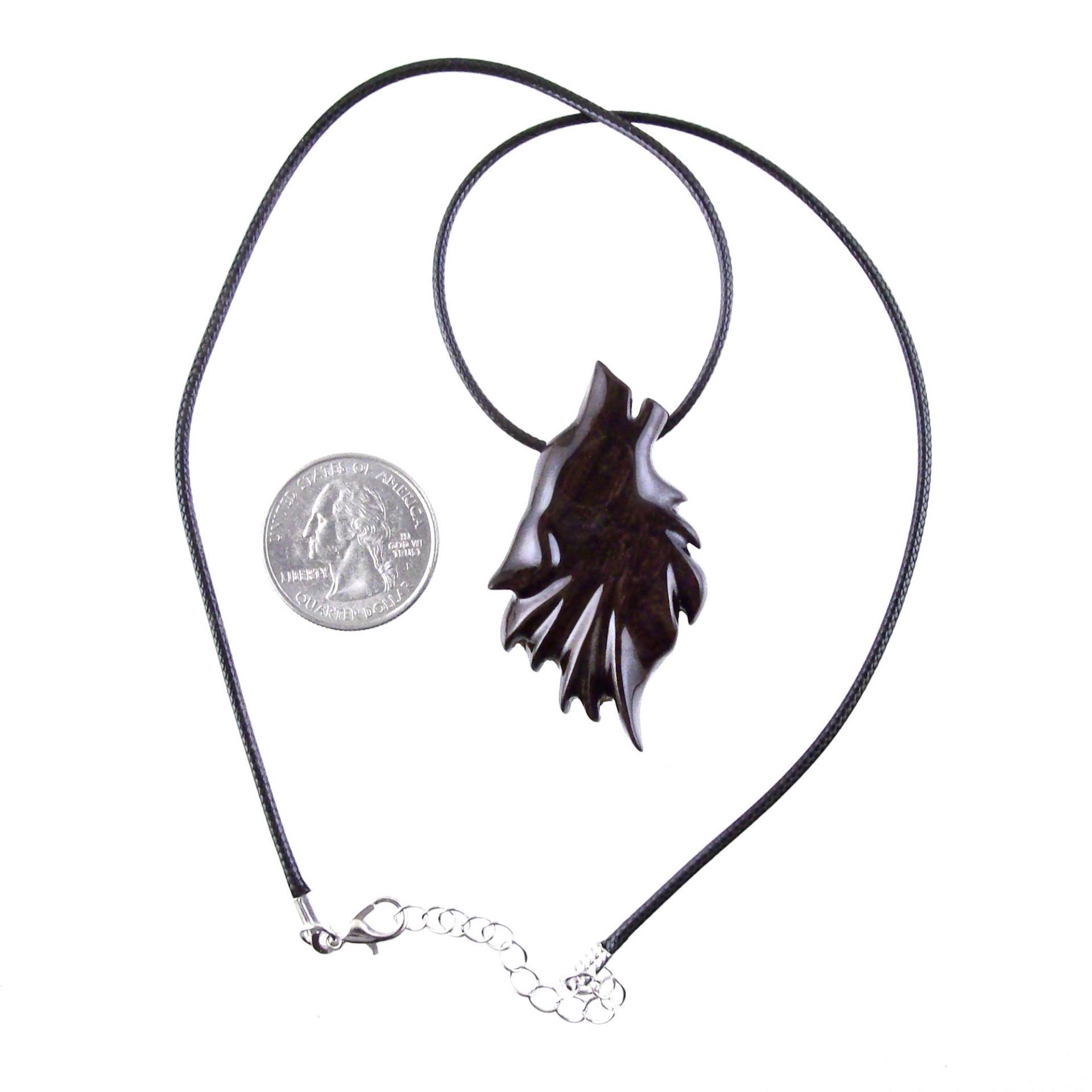 Hand Carved Wooden Wolf Pendant Necklace, Totem Spirit Animal Wood Jewelry in Dark Brown