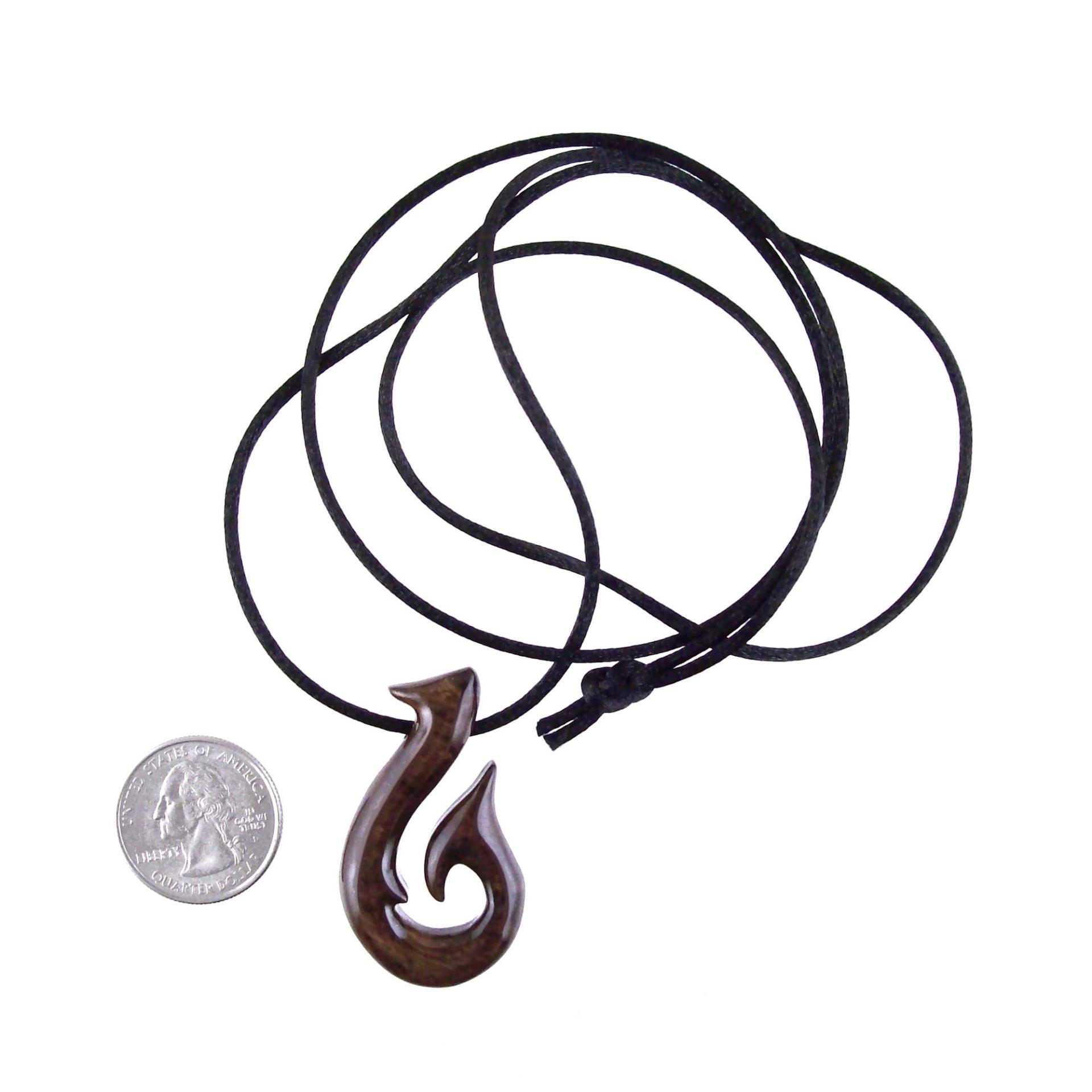 Hand Carved Fish Hook Pendant Necklace, Mens Wood Necklace, Handmade Fisherman Jewelry