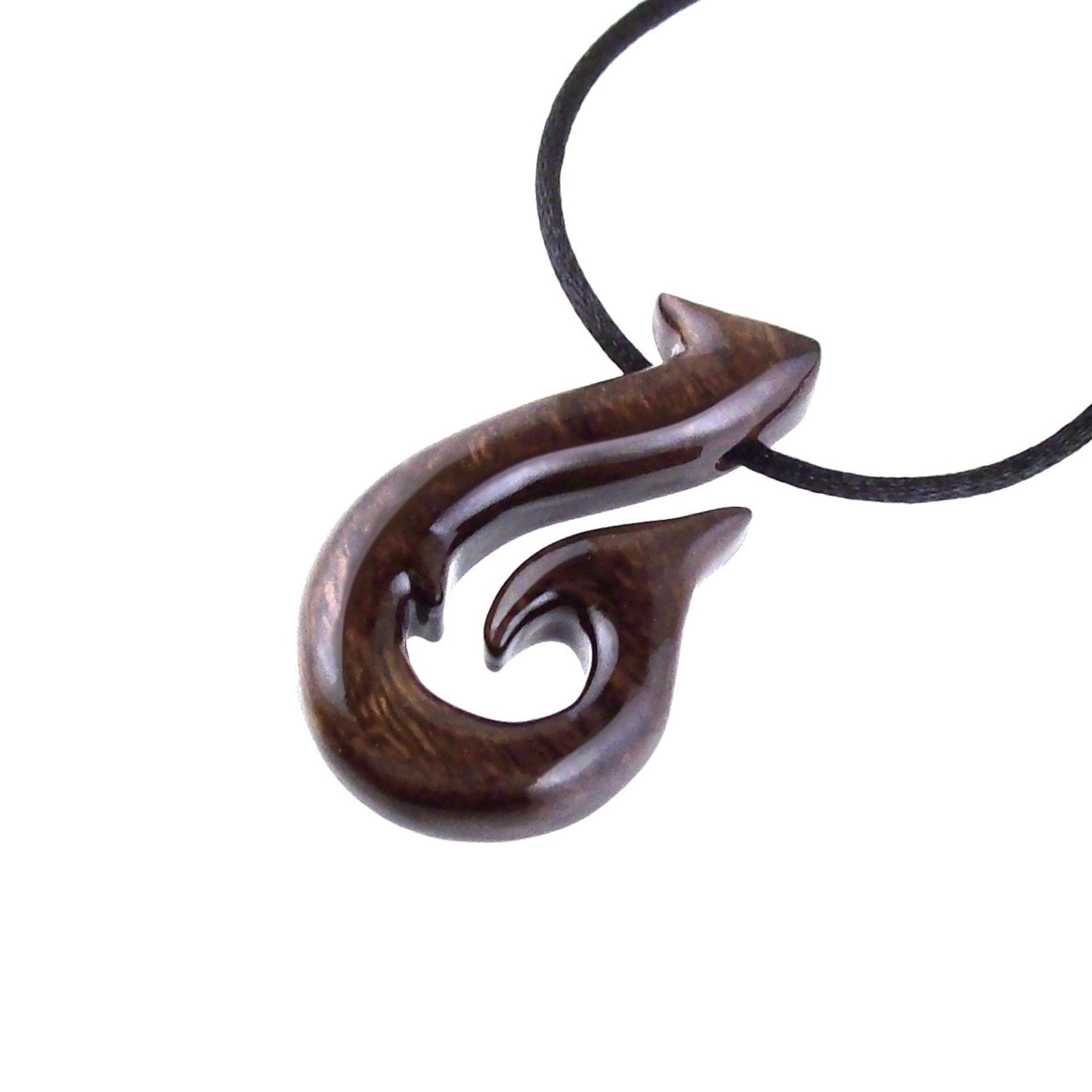 Hand Carved Fish Hook Pendant Necklace, Mens Wood Necklace, Handmade Fisherman Jewelry