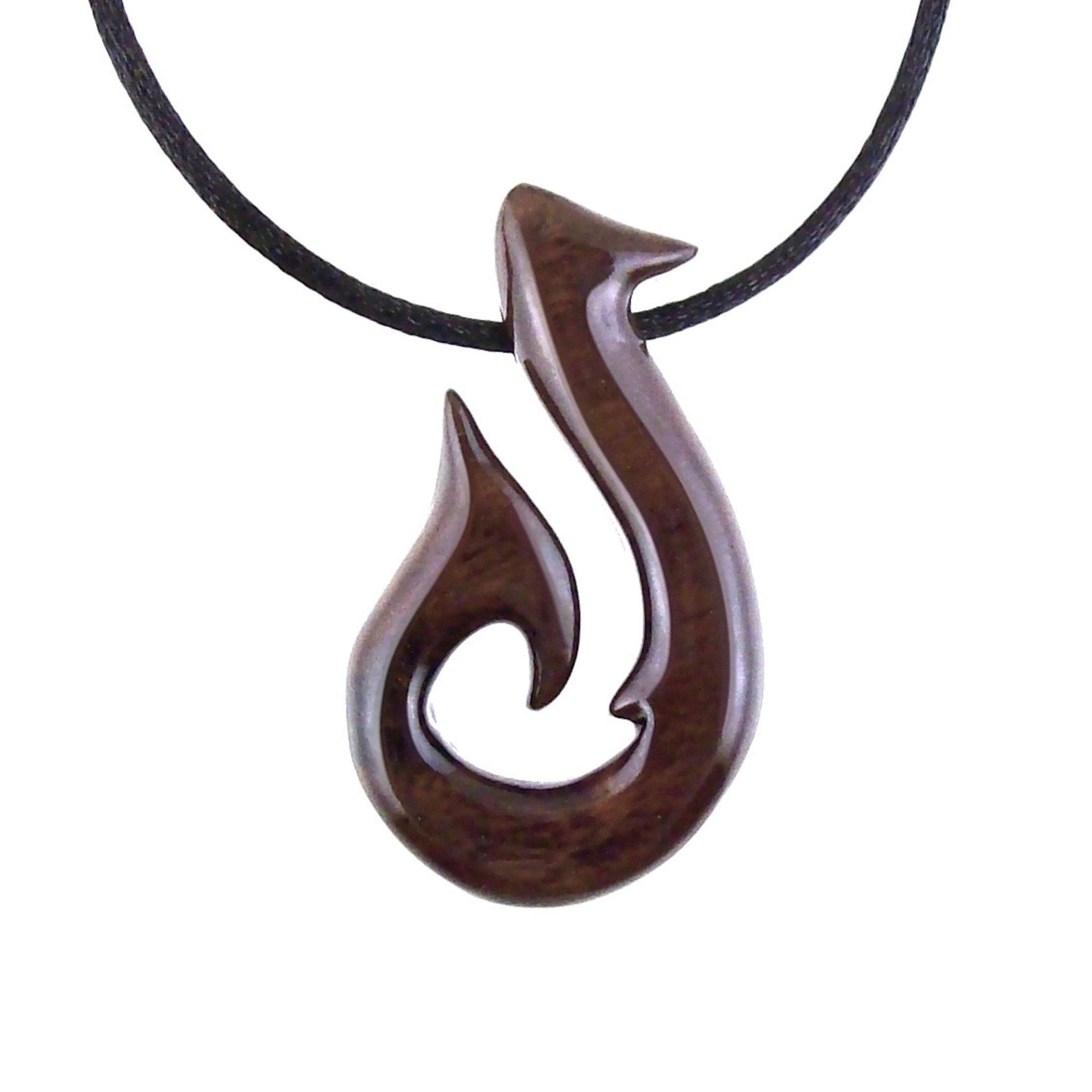 Hand Carved Fish Hook Pendant Necklace, Mens Wood Necklace, Handmade Fisherman Jewelry