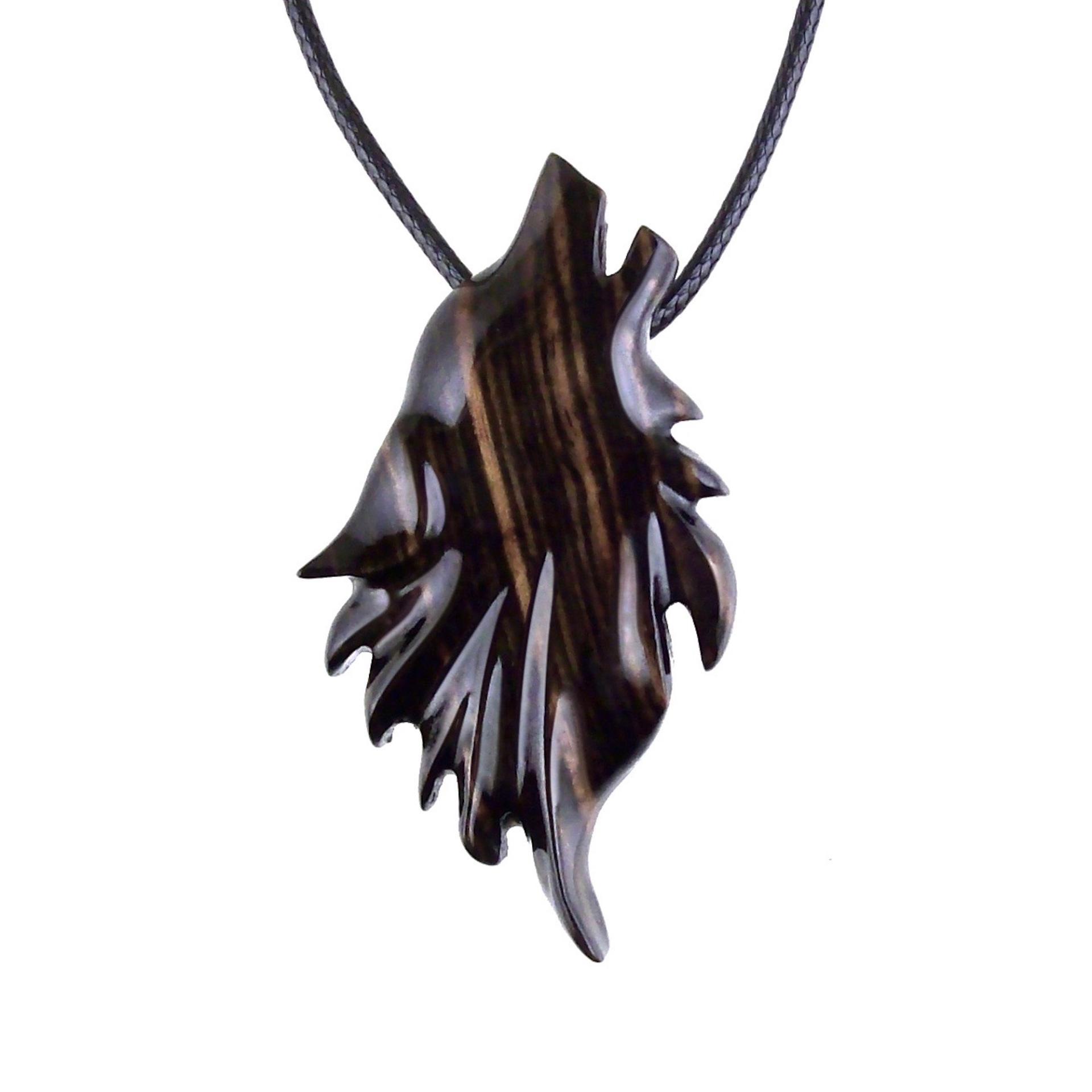 Wolf Wood Necklace, Hand Carved Wooden Wolf Head Pendant in Black with Brown Streaks