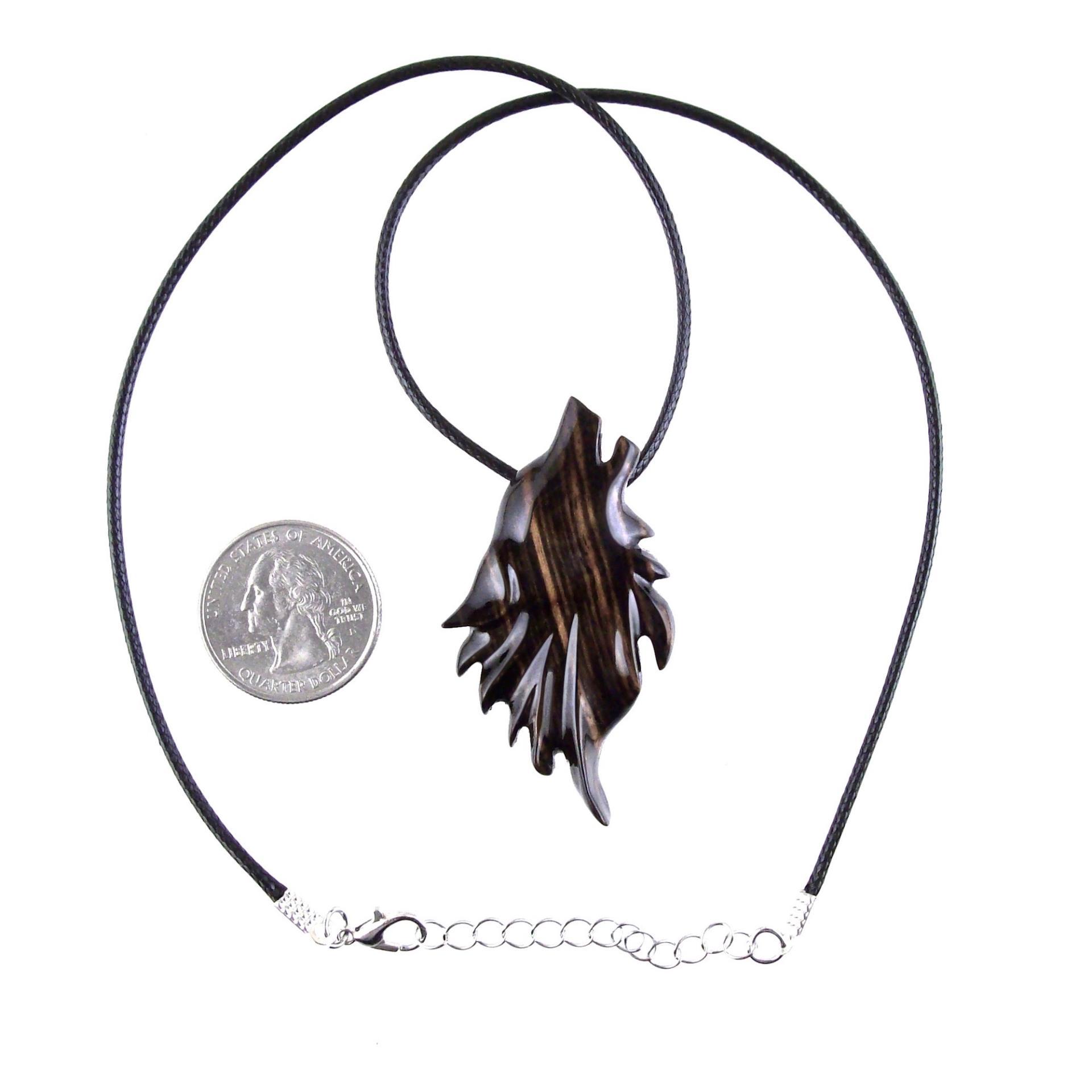 Wolf Wood Necklace, Hand Carved Wooden Wolf Head Pendant in Black with Brown Streaks