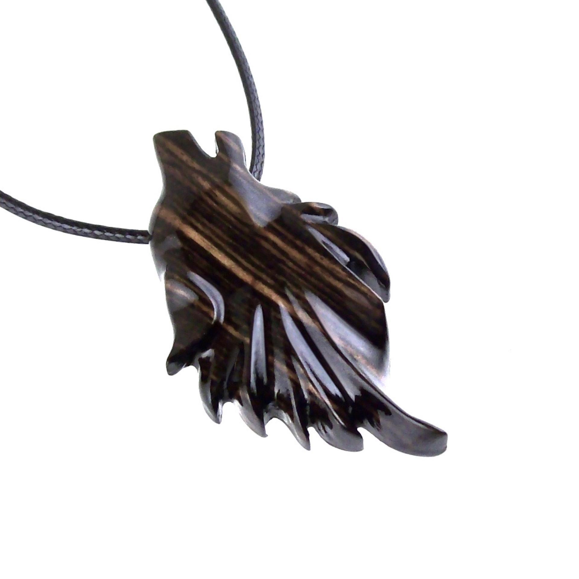 Wolf Wood Necklace, Hand Carved Wooden Wolf Head Pendant in Black with Brown Streaks
