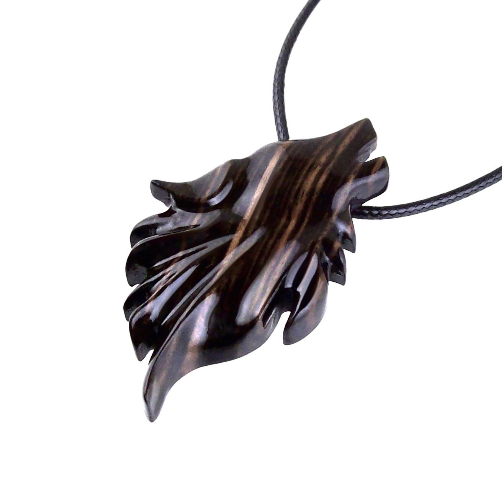 Wolf Wood Necklace, Hand Carved Wooden Wolf Head Pendant in Black with Brown Streaks