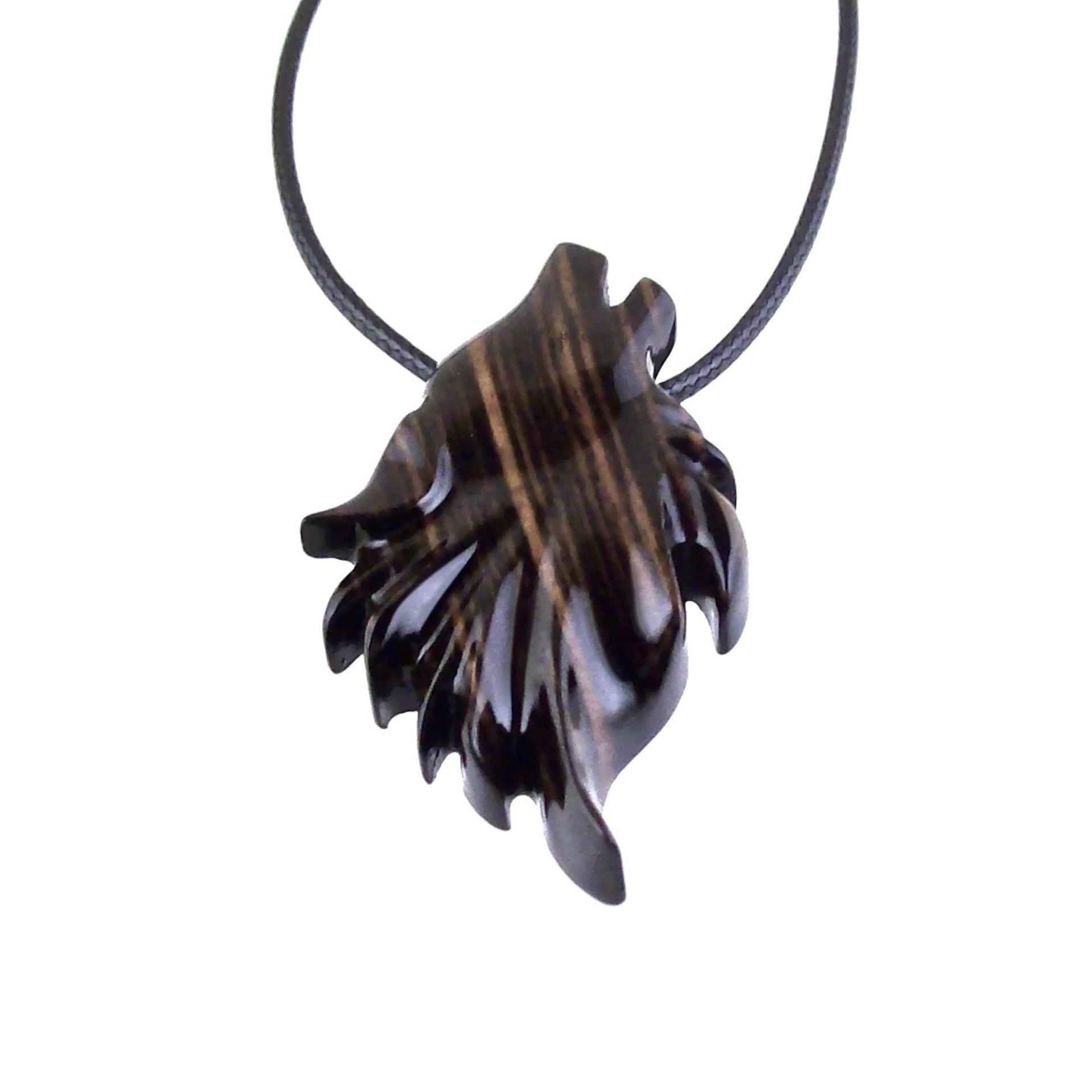 Wolf Wood Necklace, Hand Carved Wooden Wolf Head Pendant in Black with Brown Streaks