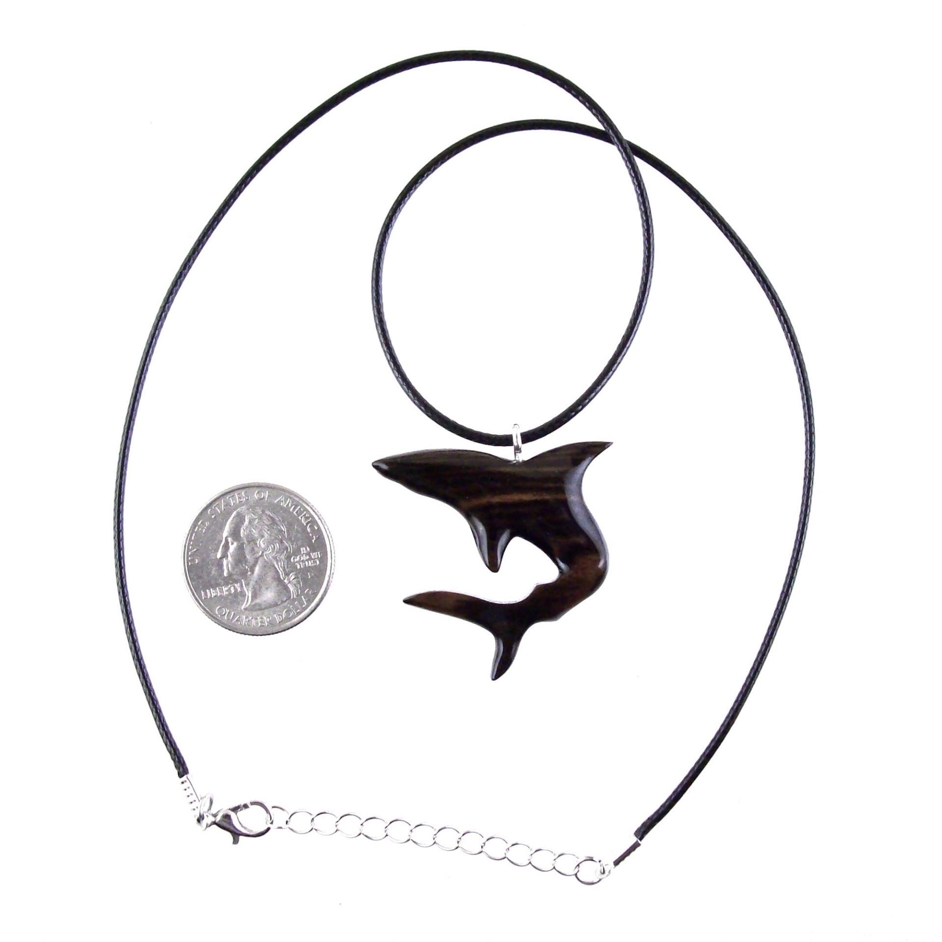 Shark Pendant, Hand Carved Wooden Shark Necklace, Mens Wood Pendant, Nautical Jewelry Gift for Him in Black with Brown Streaks