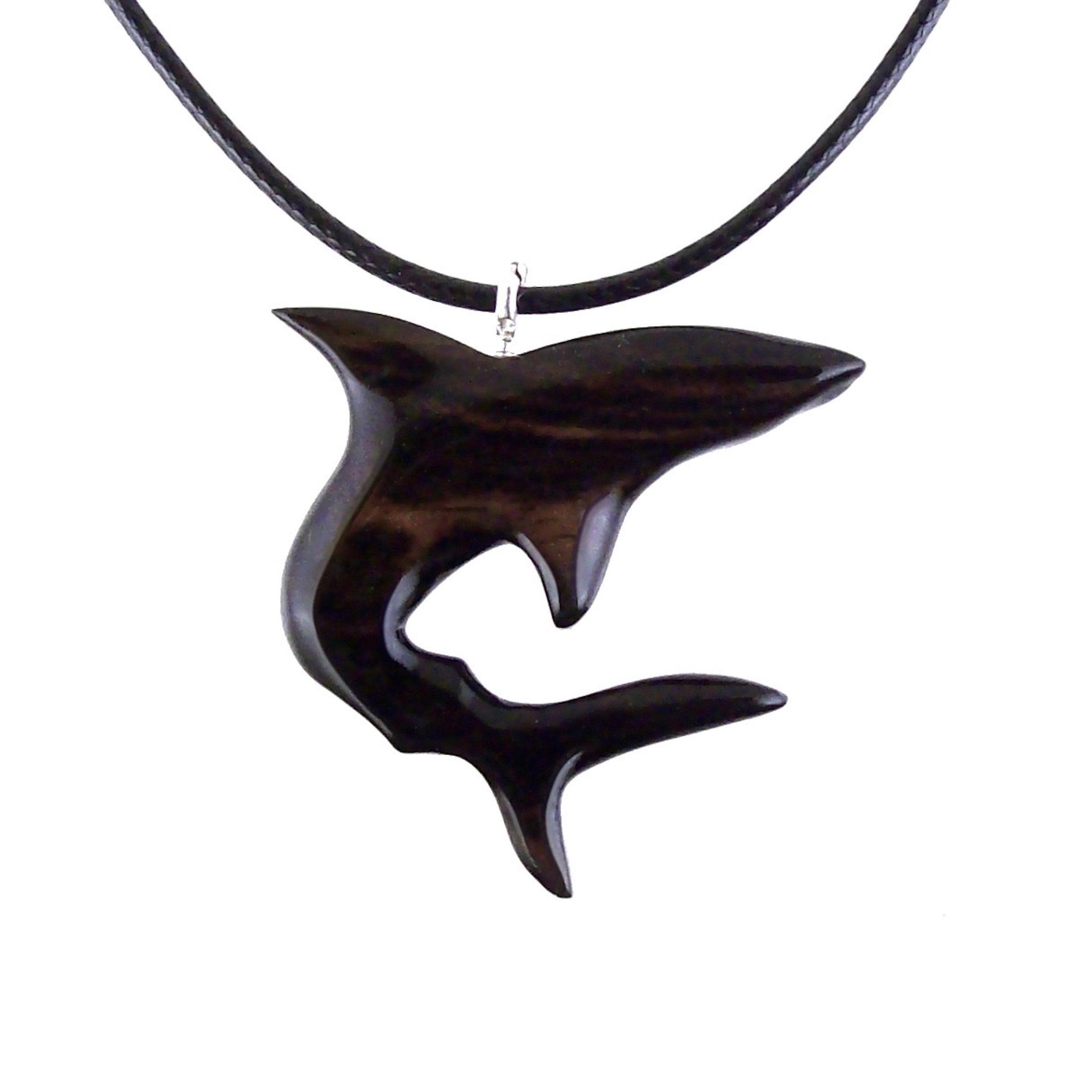 Shark Pendant, Hand Carved Wooden Shark Necklace, Mens Wood Pendant, Nautical Jewelry Gift for Him in Black with Brown Streaks