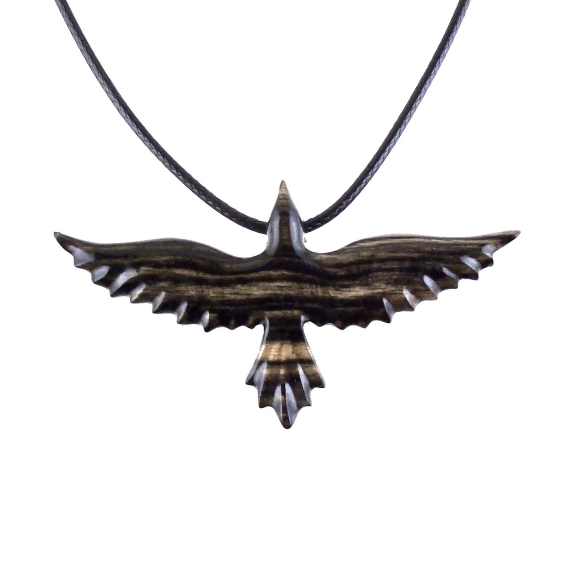 Flying Raven Necklace, Hand Carved Wooden Crow Pendant for Men Women, Wood Bird Jewelry