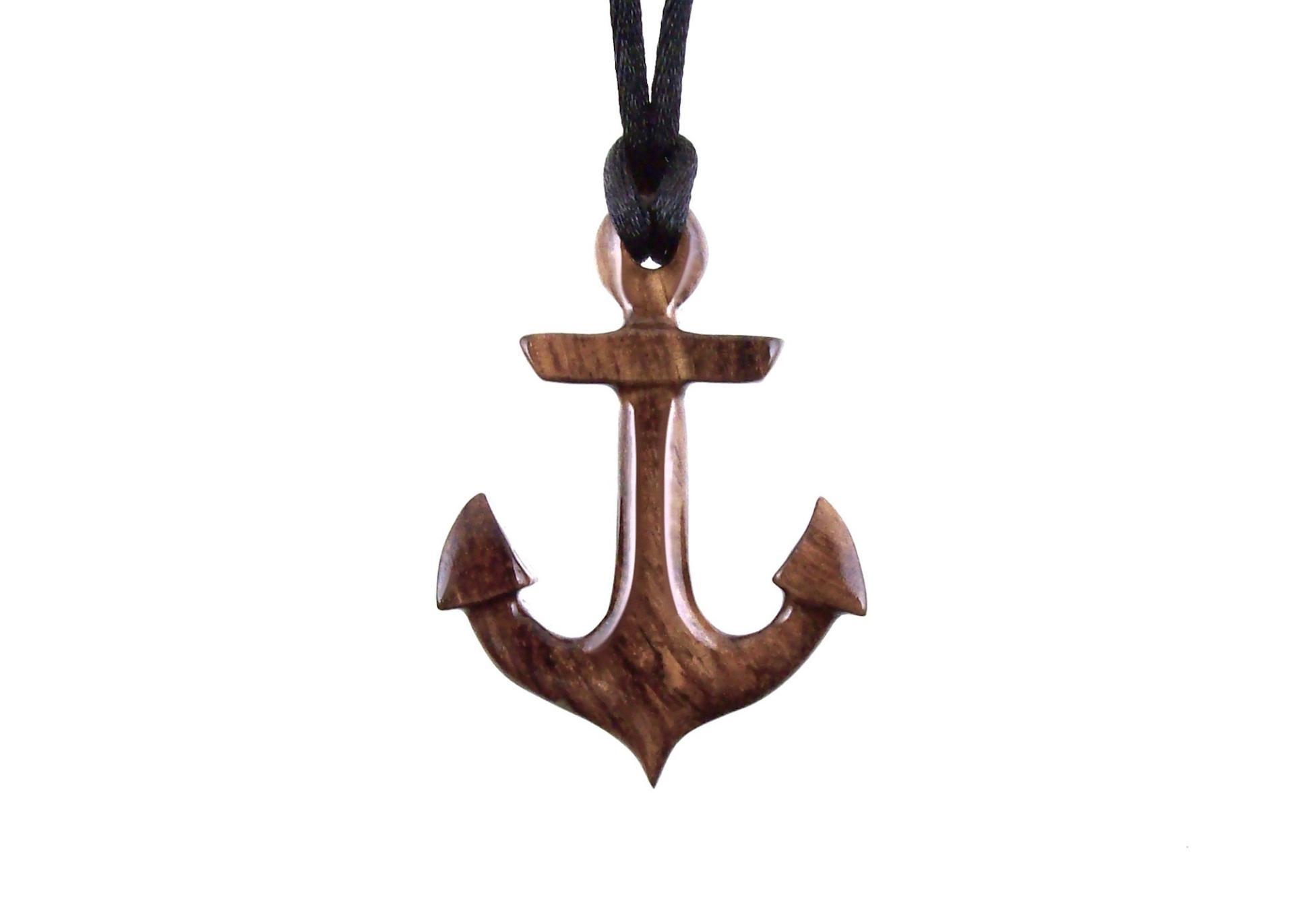 Hand Carved Wooden Anchor Pendant, Mens Wood Necklace, Handmade Nautical Jewelry Gift for Him