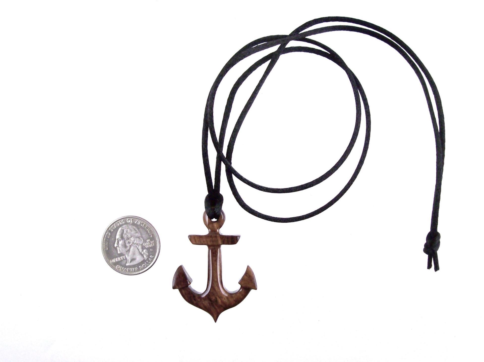 Hand Carved Wooden Anchor Pendant, Mens Wood Necklace, Handmade Nautical Jewelry Gift for Him