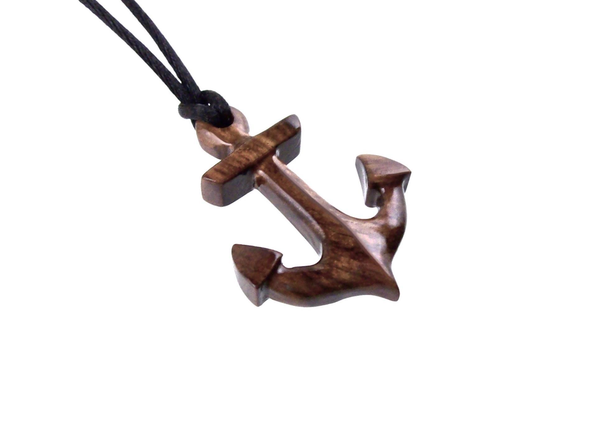 Hand Carved Wooden Anchor Pendant, Mens Wood Necklace, Handmade Nautical Jewelry Gift for Him