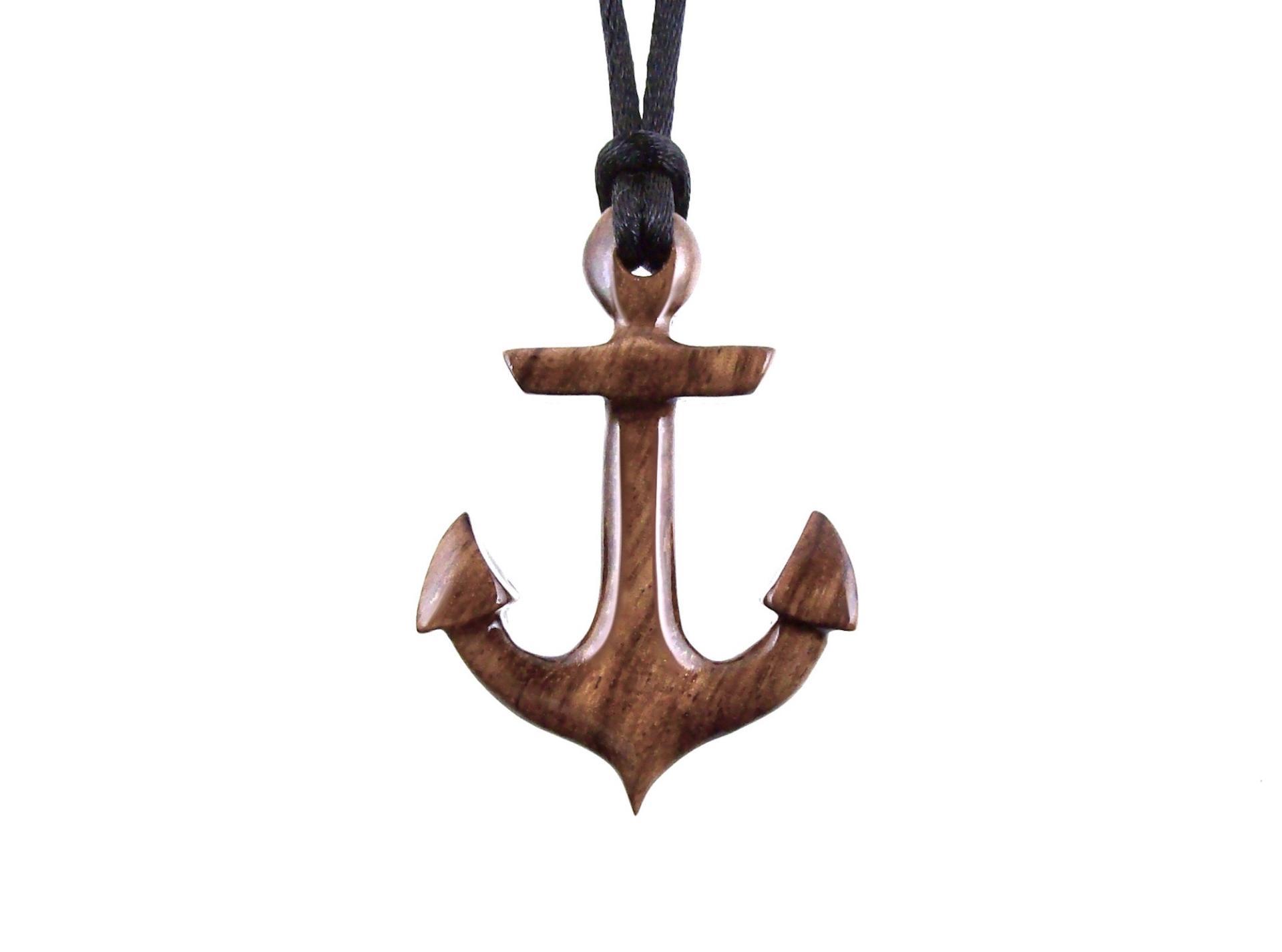 Hand Carved Wooden Anchor Pendant, Mens Wood Necklace, Handmade Nautical Jewelry Gift for Him