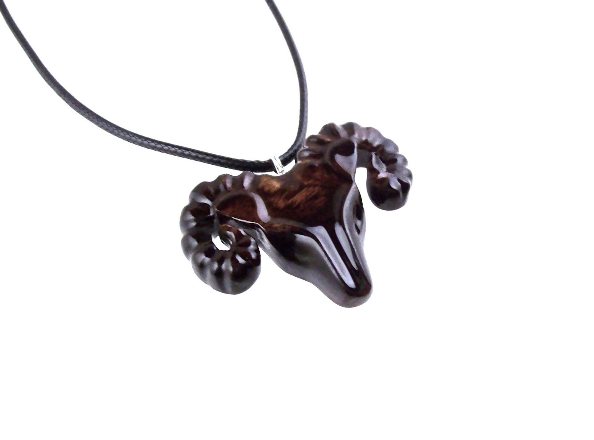 Hand Carved Wooden Ram Pendant Necklace, Handmade Animal Aries Wood Jewelry, One-of-a-kind Gift for Him