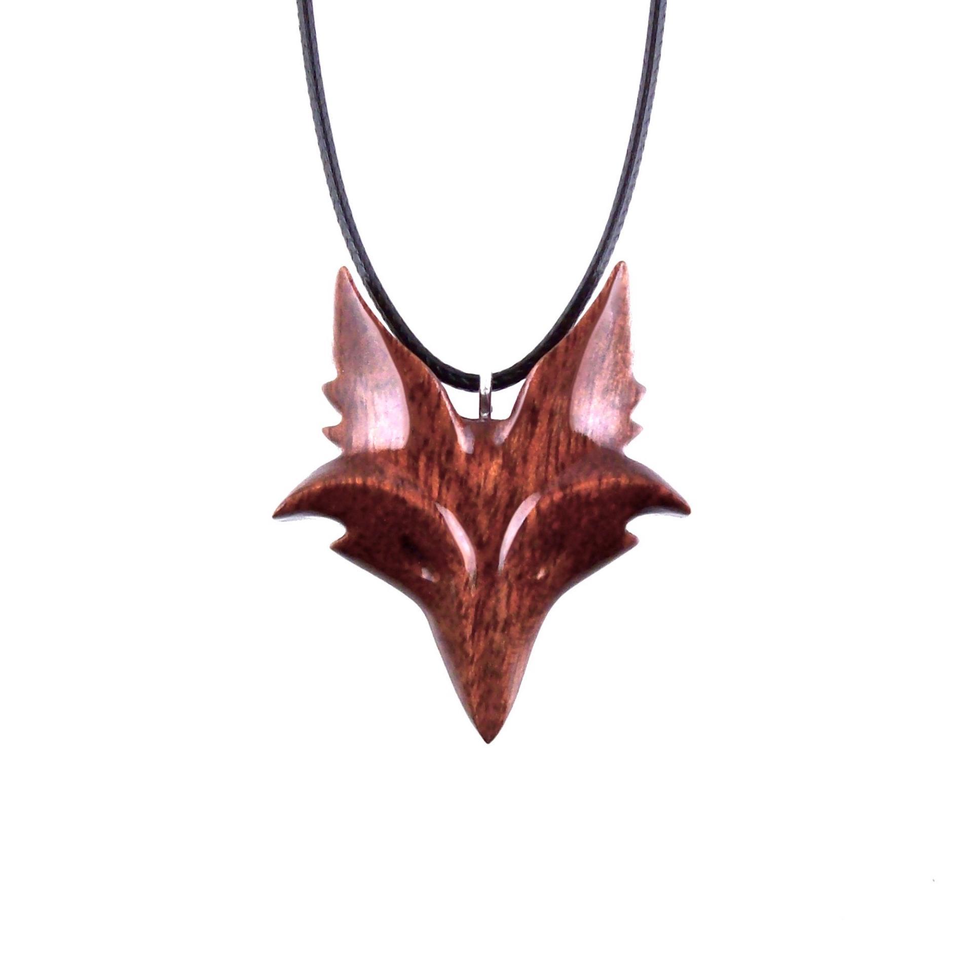 Hand Carved Red Wooden Fox Head Pendant with 18" black cord Necklace