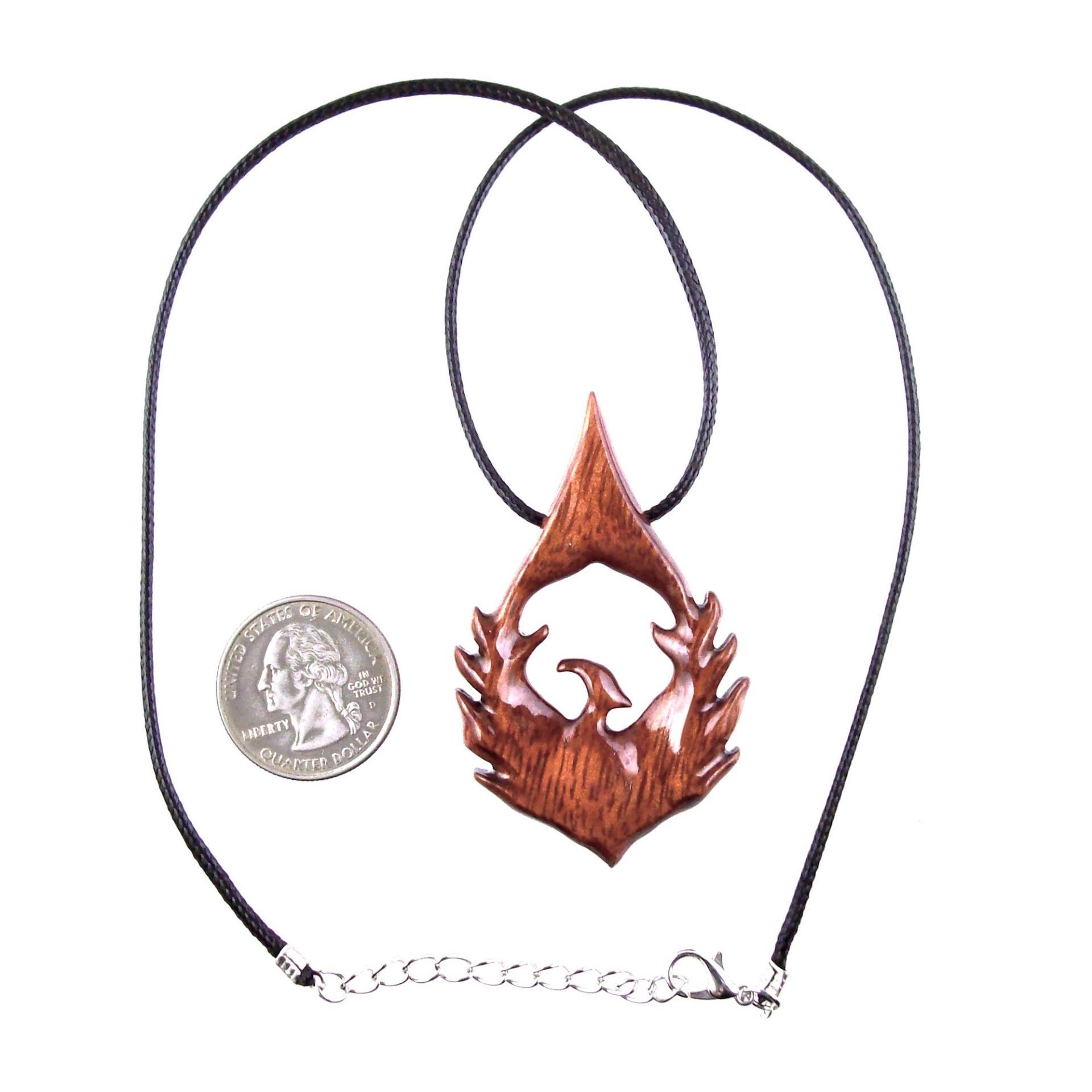 Hand Carved Wooden Phoenix Pendant Necklace, Fantasy Firebird Inspirational Wood Jewelry Gift for Him Her